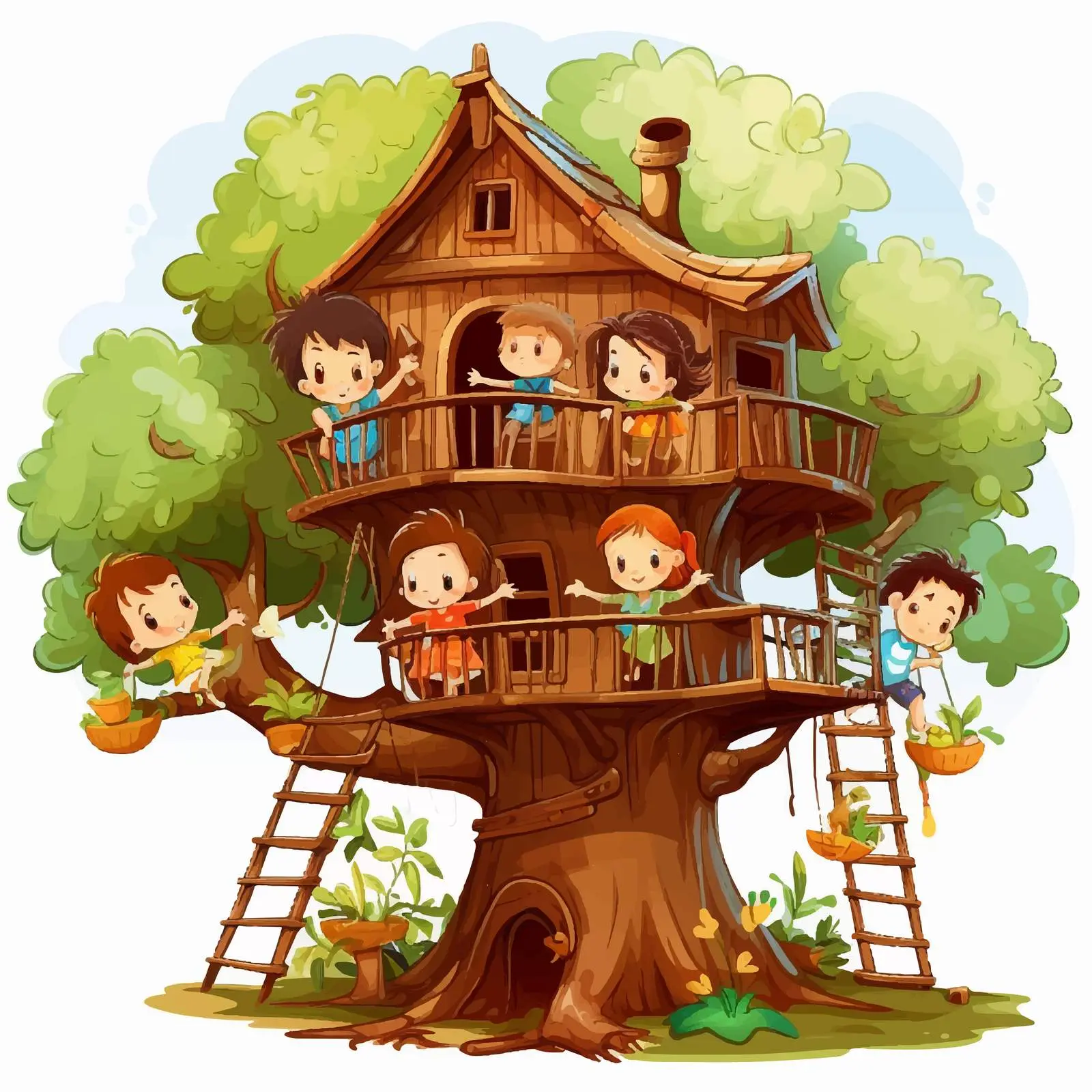 Children Playing in Treehouse Vector Illustration — free download from Dotvec