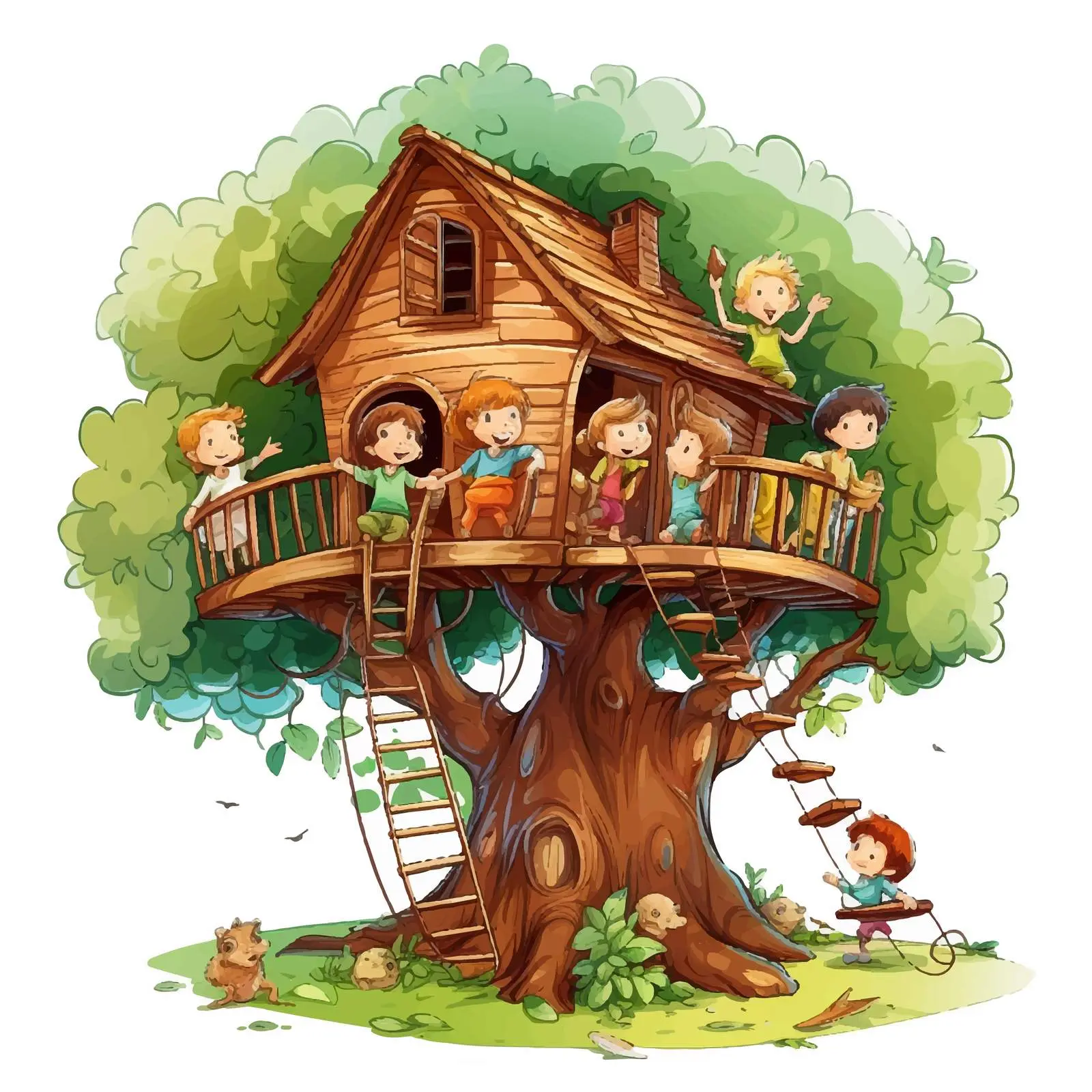 Children Playing in Treehouse Vector Illustration — free download from Dotvec