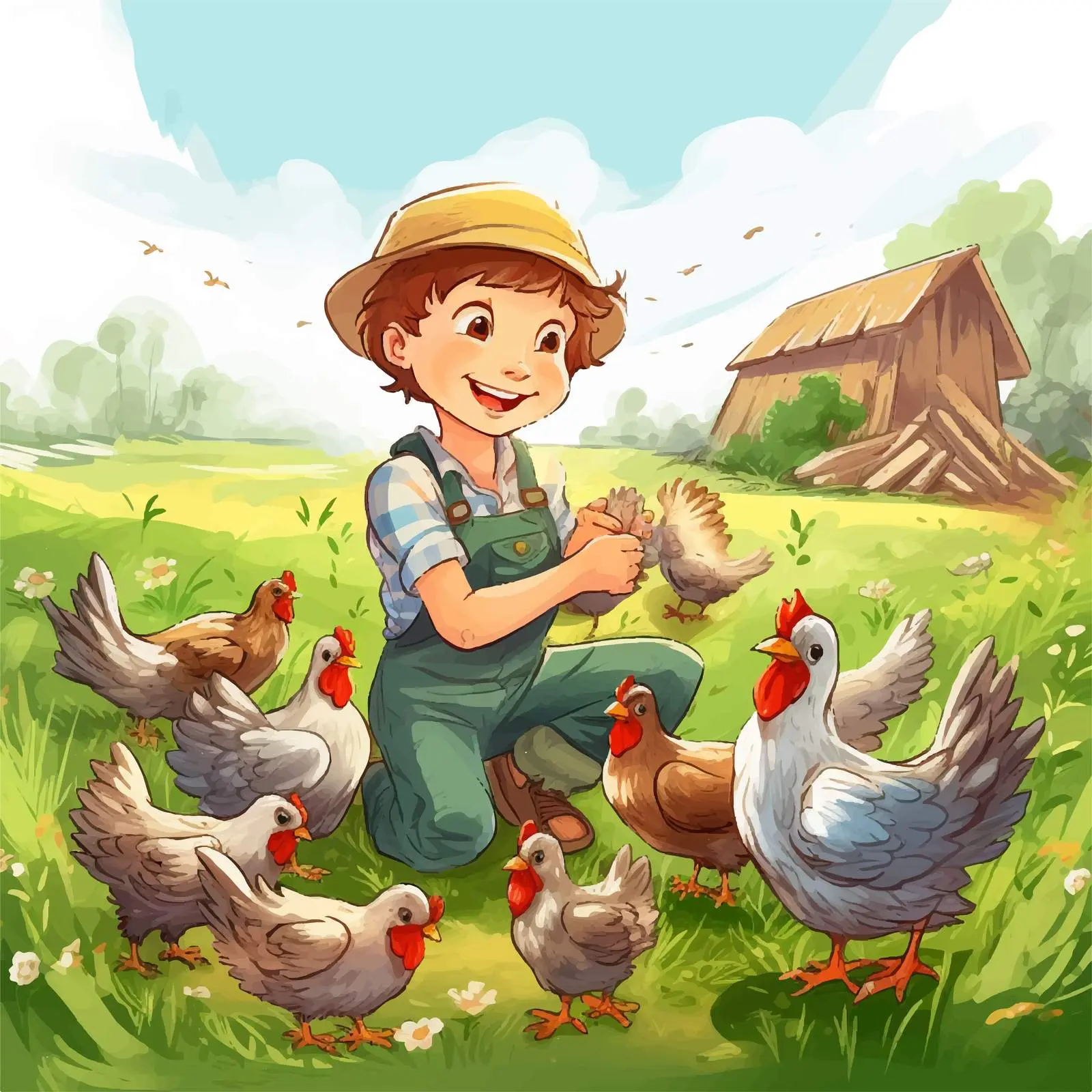 Children and Farmer Enjoying Farm Life with Chickens — free download from Dotvec