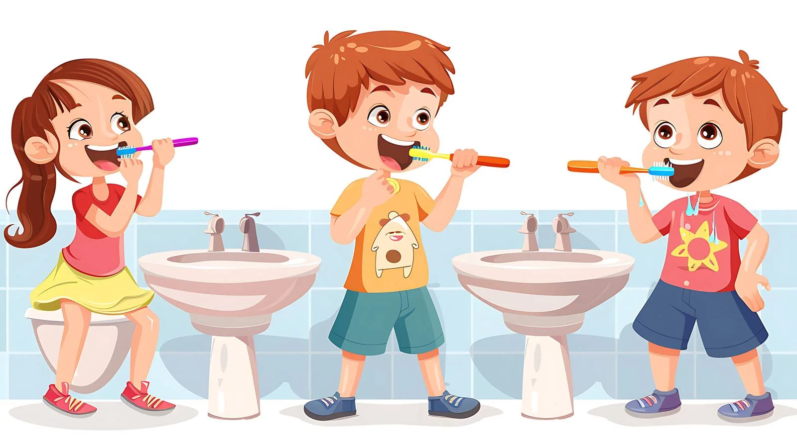 Children Brushing Teeth in Kindergarten Bathroom — free download from Dotvec