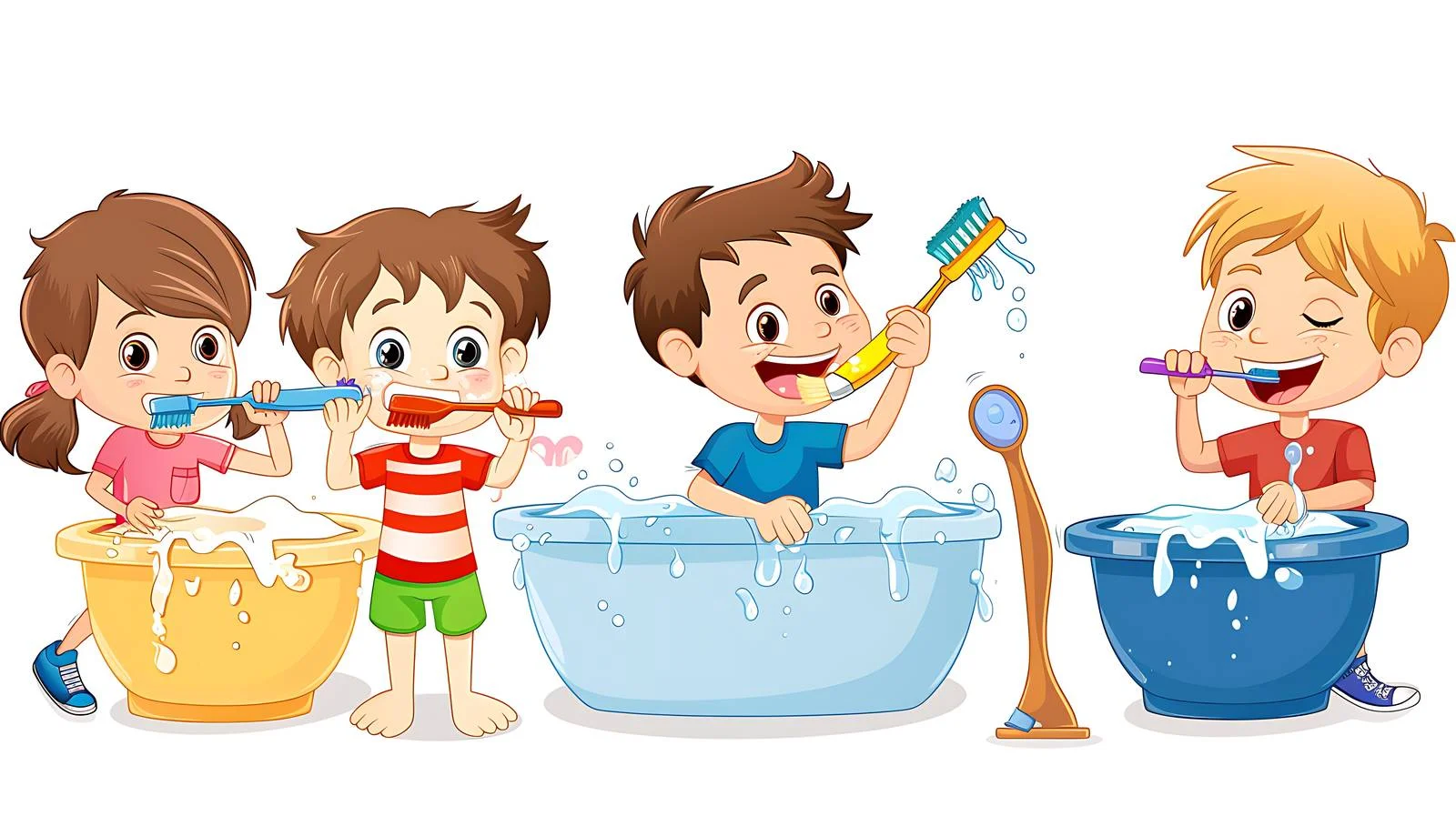 Children Brushing Teeth in Kindergarten Bathroom — free download from Dotvec