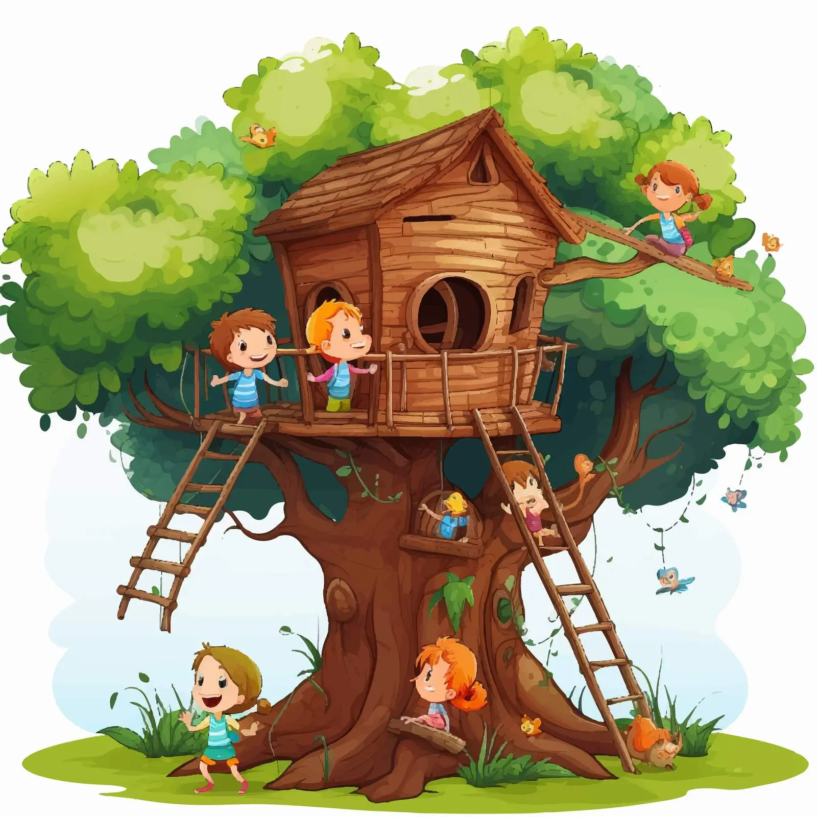 Children Building Treehouse in Park Illustration — free download from Dotvec