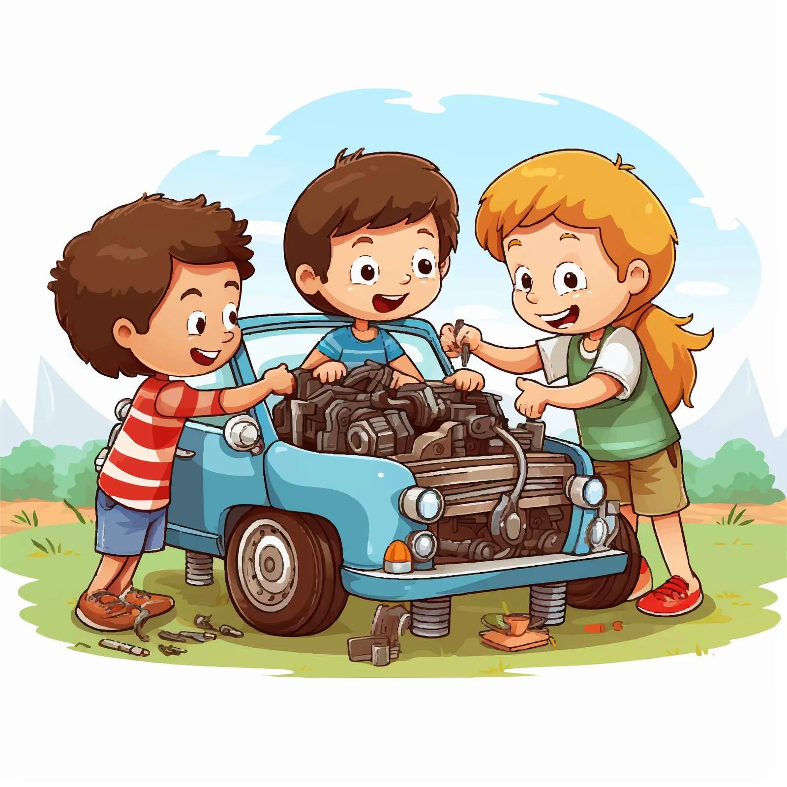 Children Collaborative Car Repair Illustration Vector — free download from Dotvec
