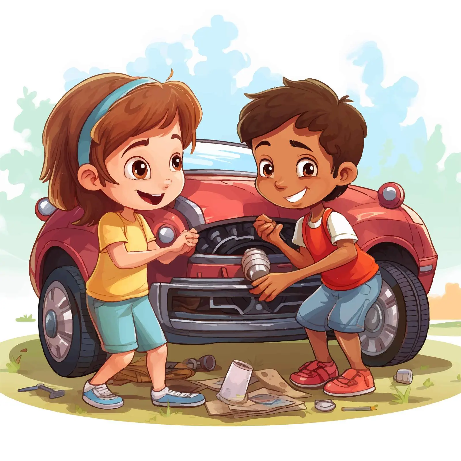 Kids Collaborating on Car Repair Illustration – free learning experience image from Dotvec