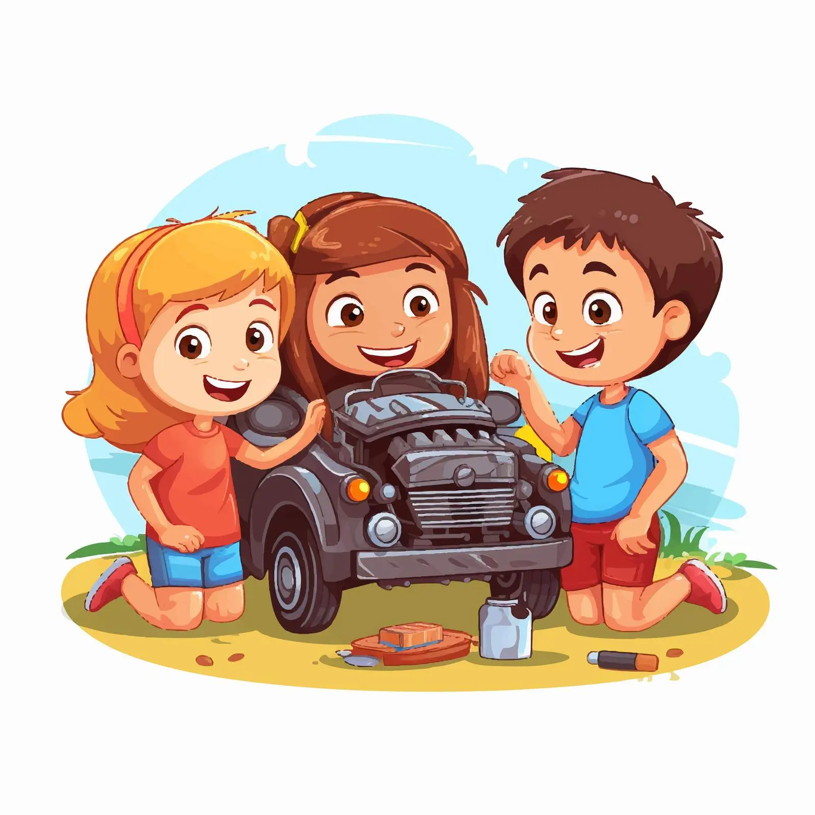 Children Collaborating to Repair a Car Illustration — free download from Dotvec