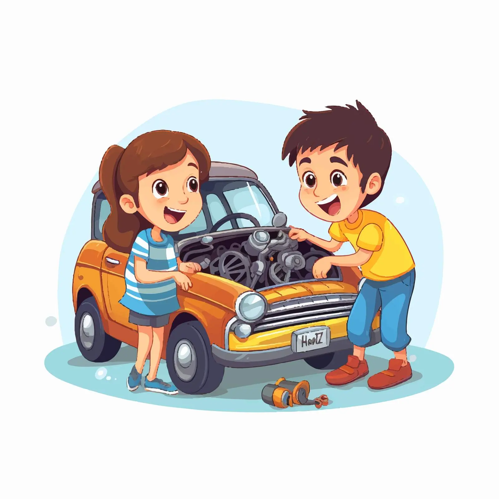 Kids Repairing a Car Together Illustration — free download from Dotvec