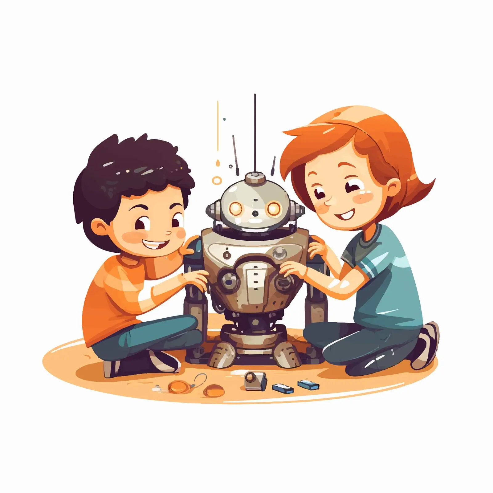 Children Collaborating on a Robot Repair Illustration — free download from Dotvec