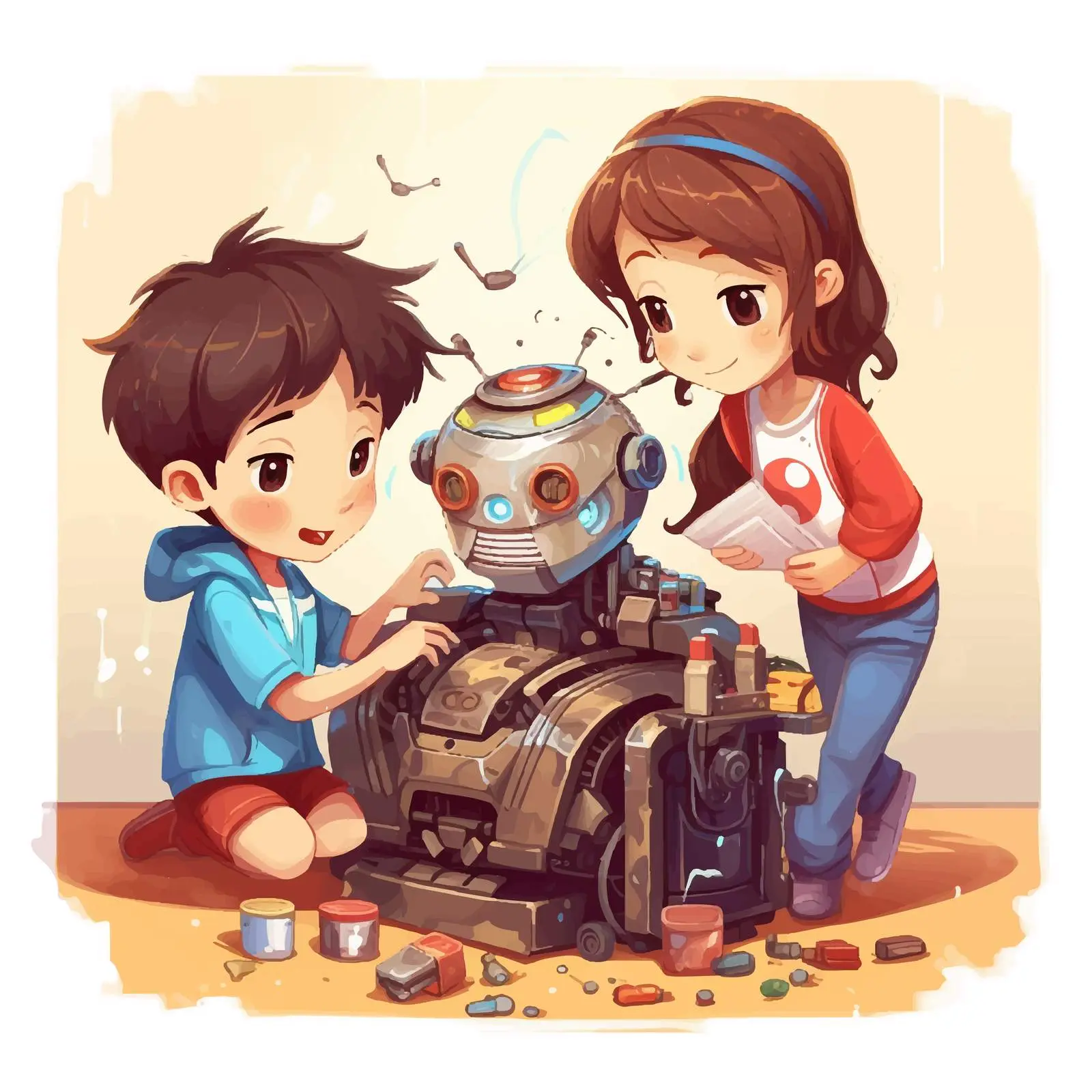 Children Collaborating to Fix Robot Illustration – free solving image from Dotvec