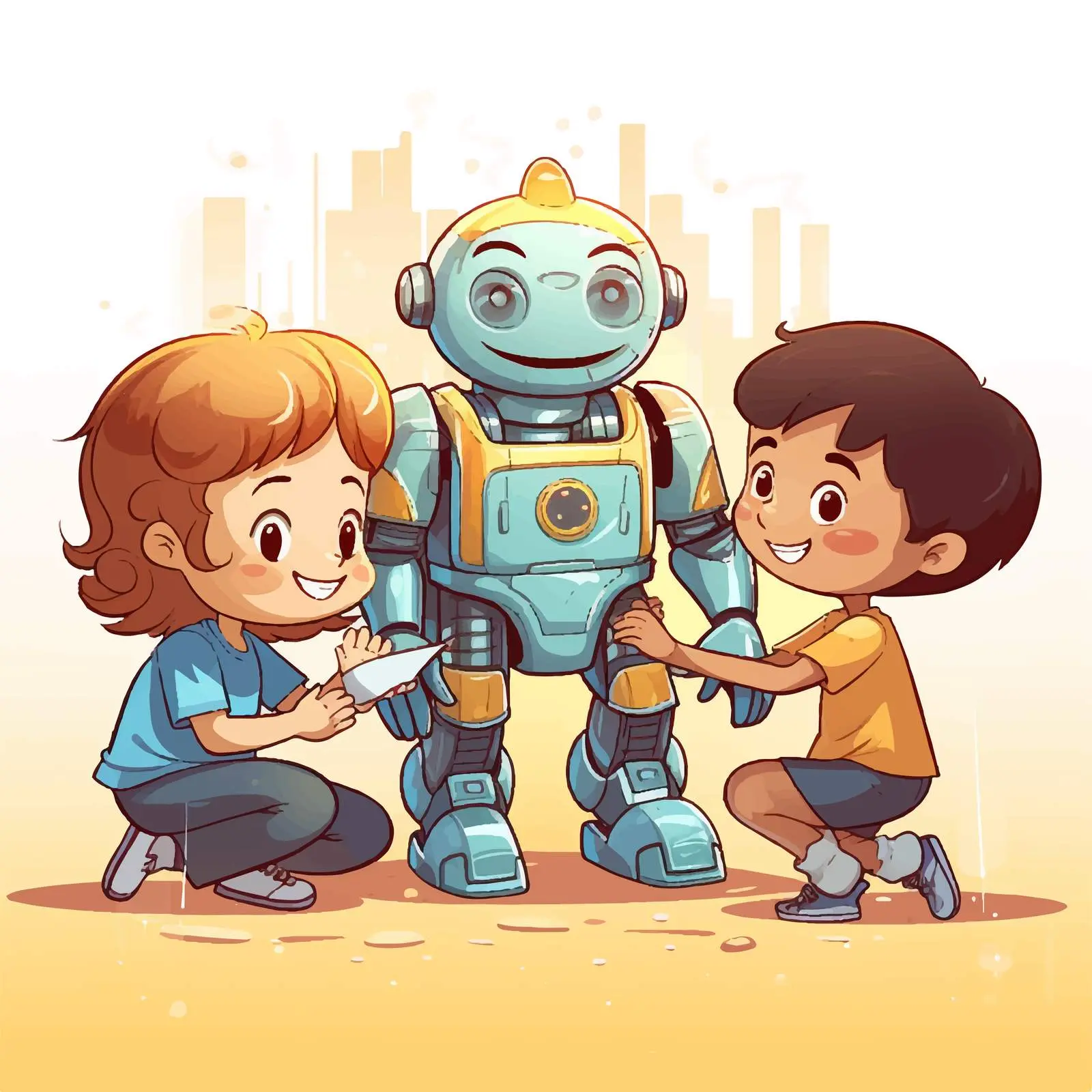 Children Collaborating on Robot Repair Illustration — free download from Dotvec