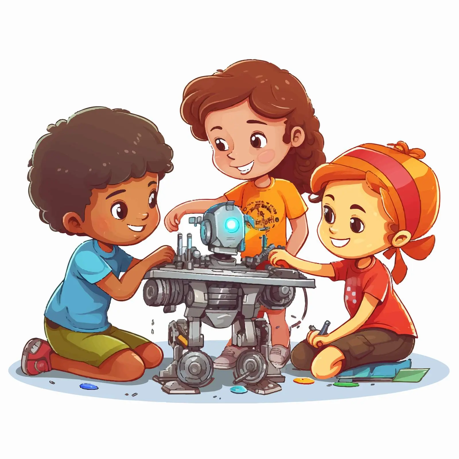 Children Collaborating on Robot Repair Illustration — free download from Dotvec
