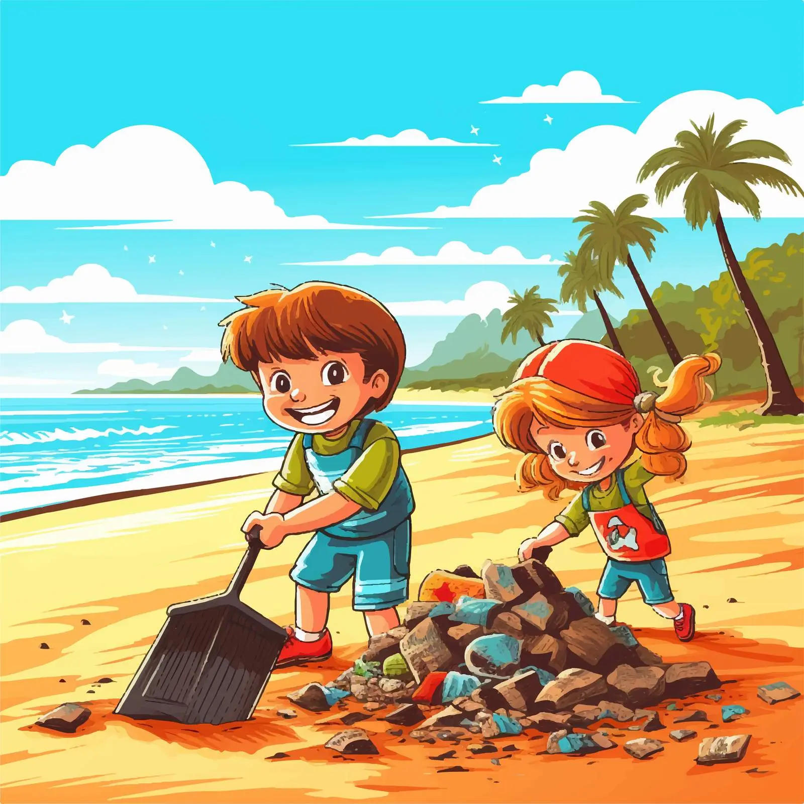 Children Cleaning Up a Dirty Beach Illustration – free buckets image from Dotvec