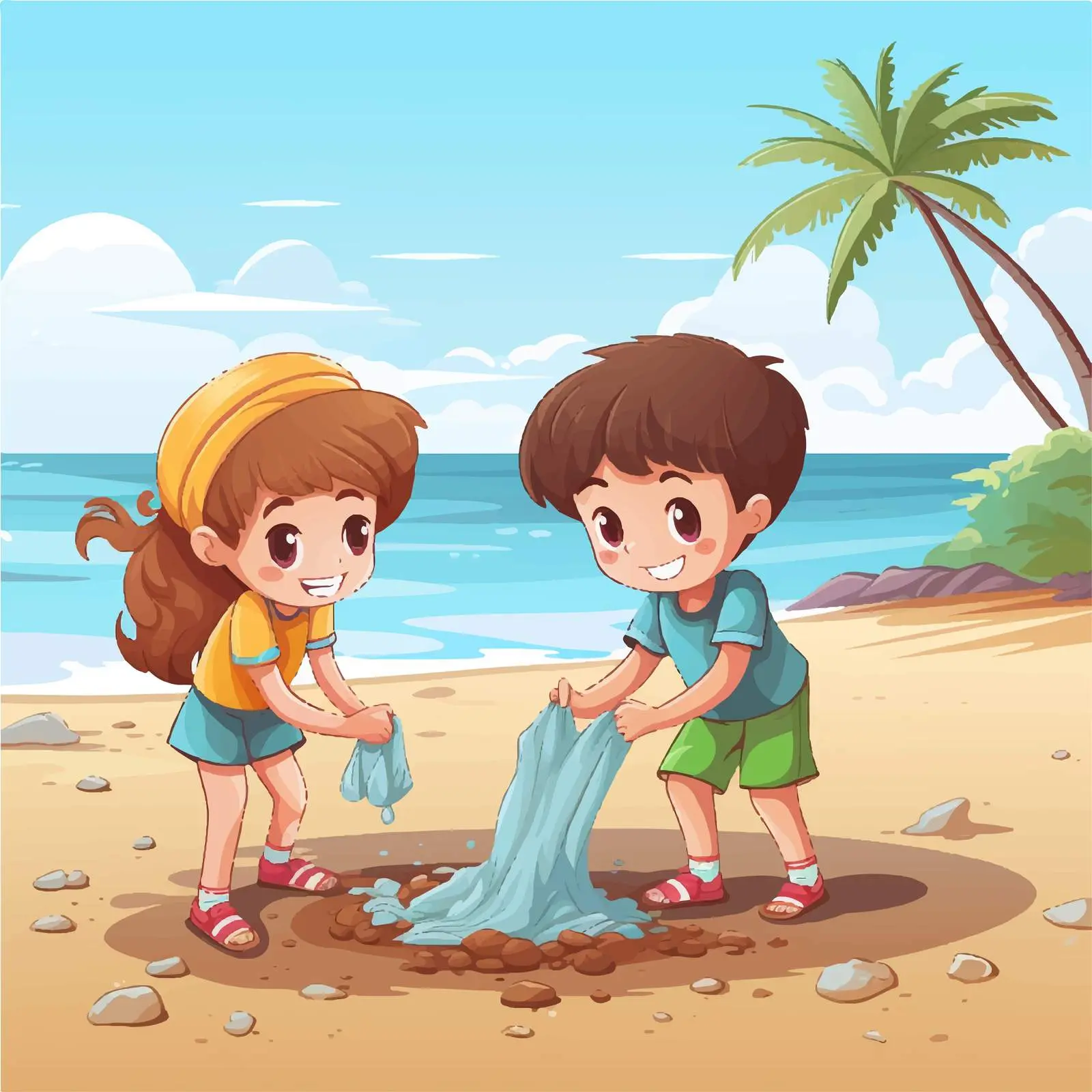 Children Cleaning a Dirty Beach Illustration — free download from Dotvec