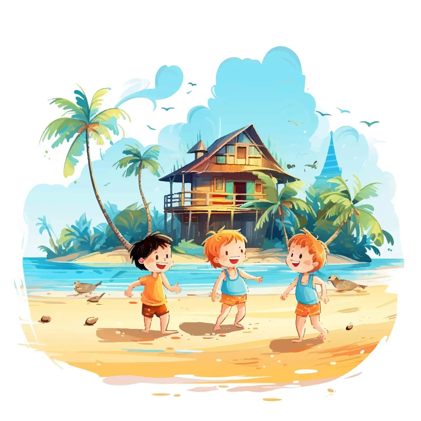 Children Playing at Beach Bungalow Vector — free download from Dotvec