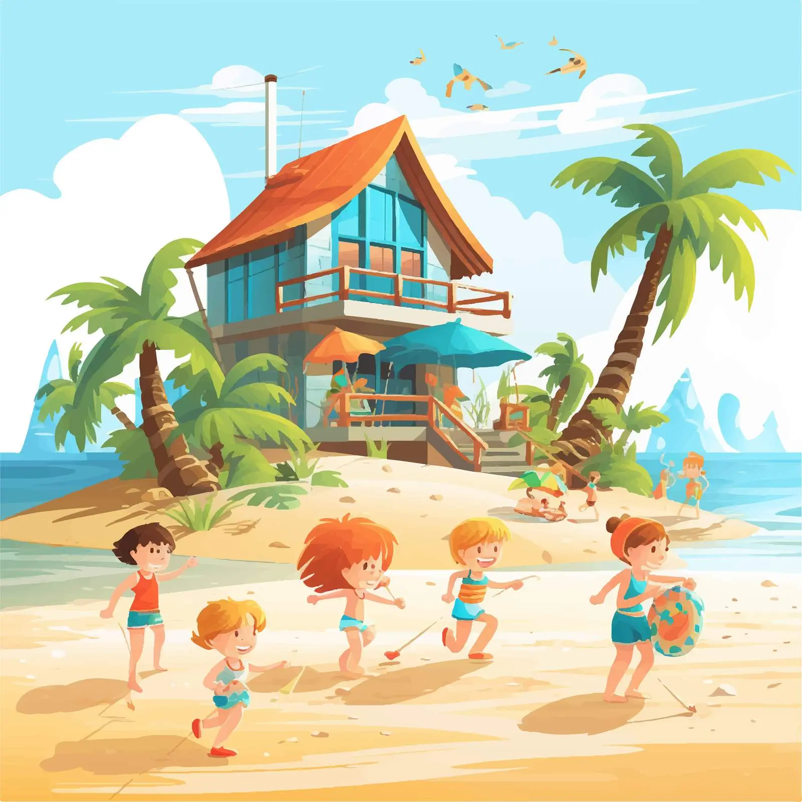 Children Playing Around Beach Bungalow Vector — free download from Dotvec