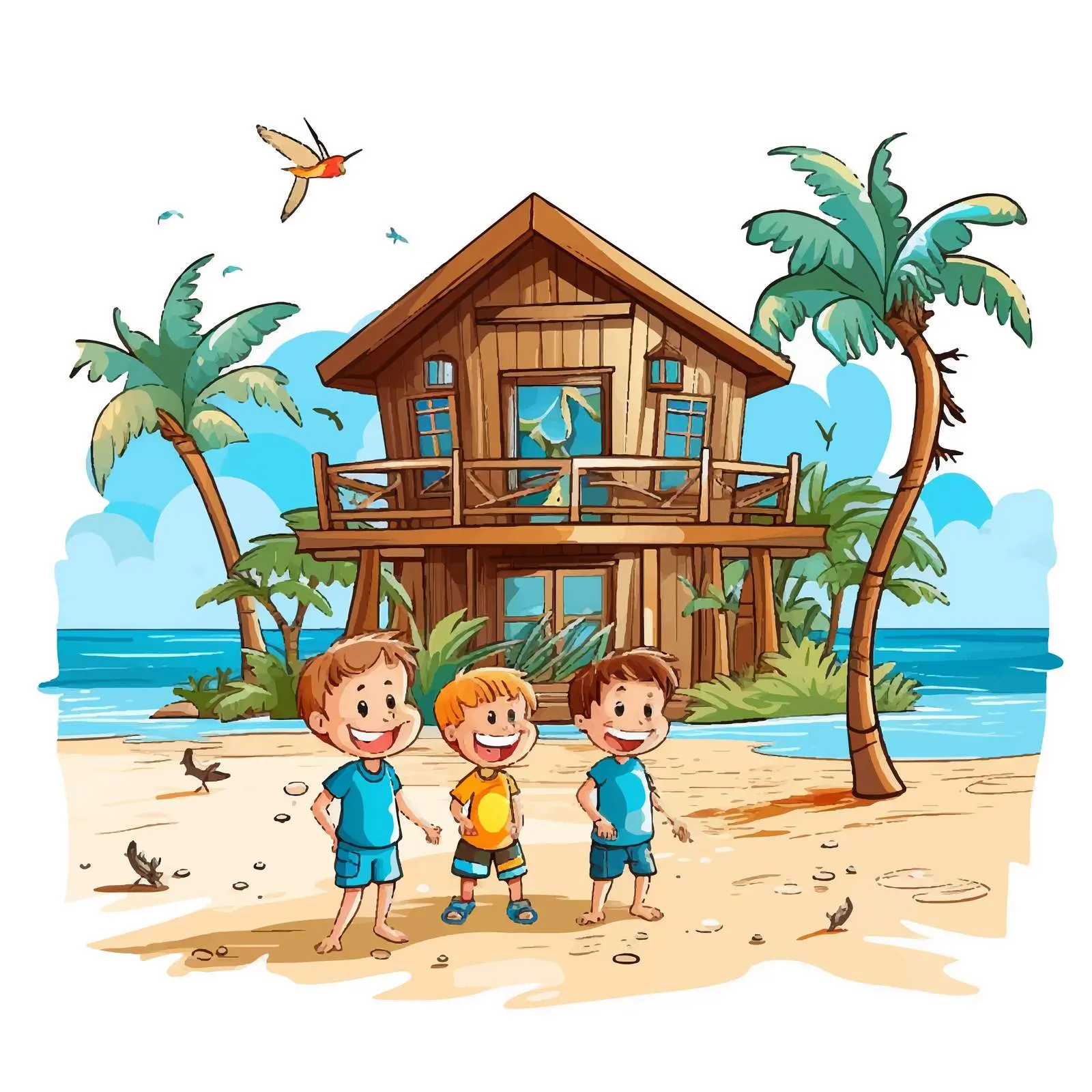 Children Playing Around Bungalow on Beach — free download from Dotvec