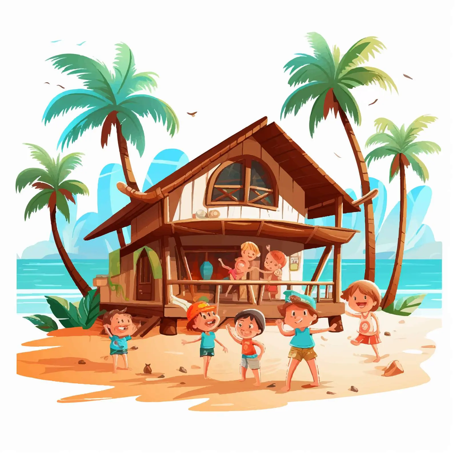 Children Playing Around Beach Bungalow Vector — free download from Dotvec