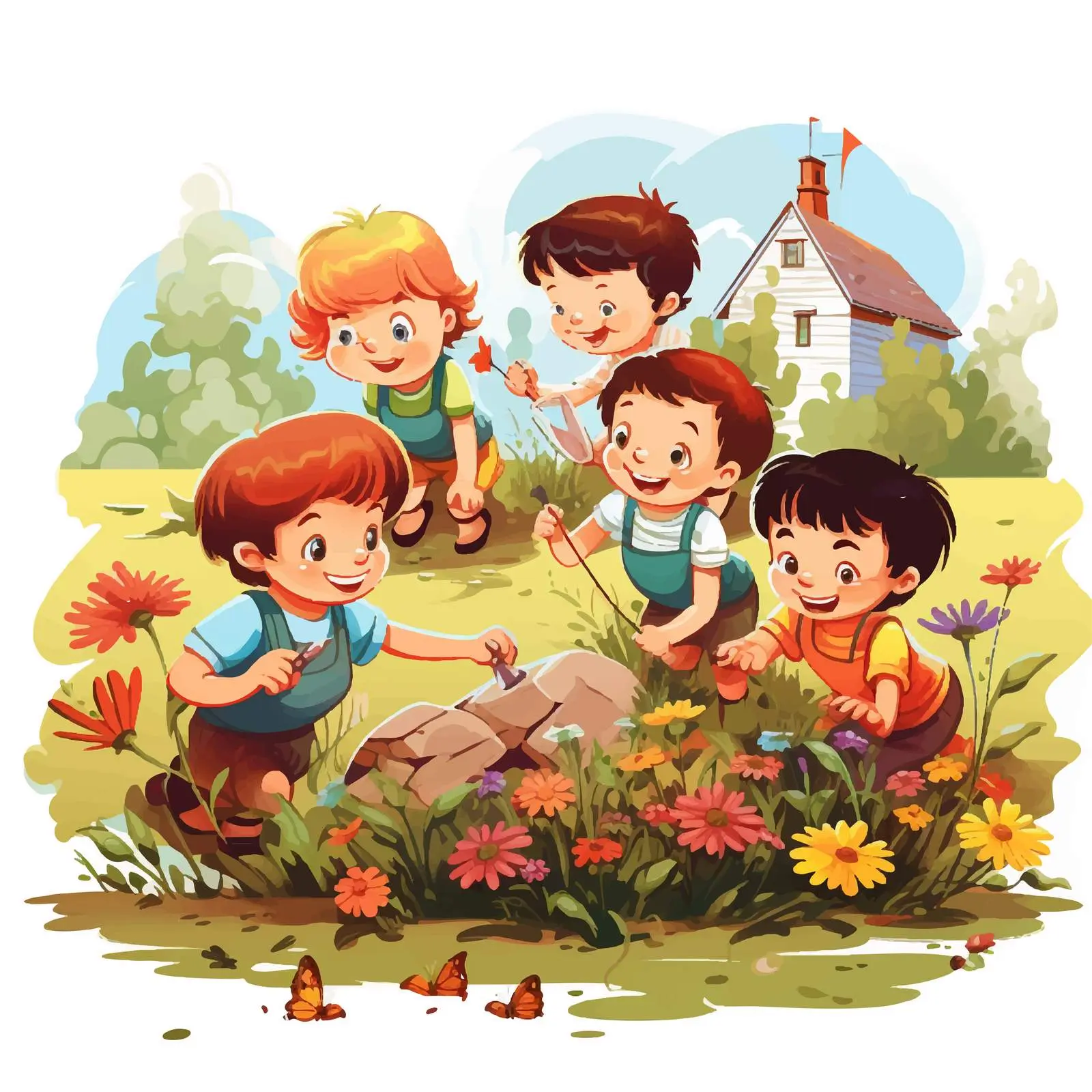 Children Playing in the Garden - Cartoon Vector — free download from Dotvec