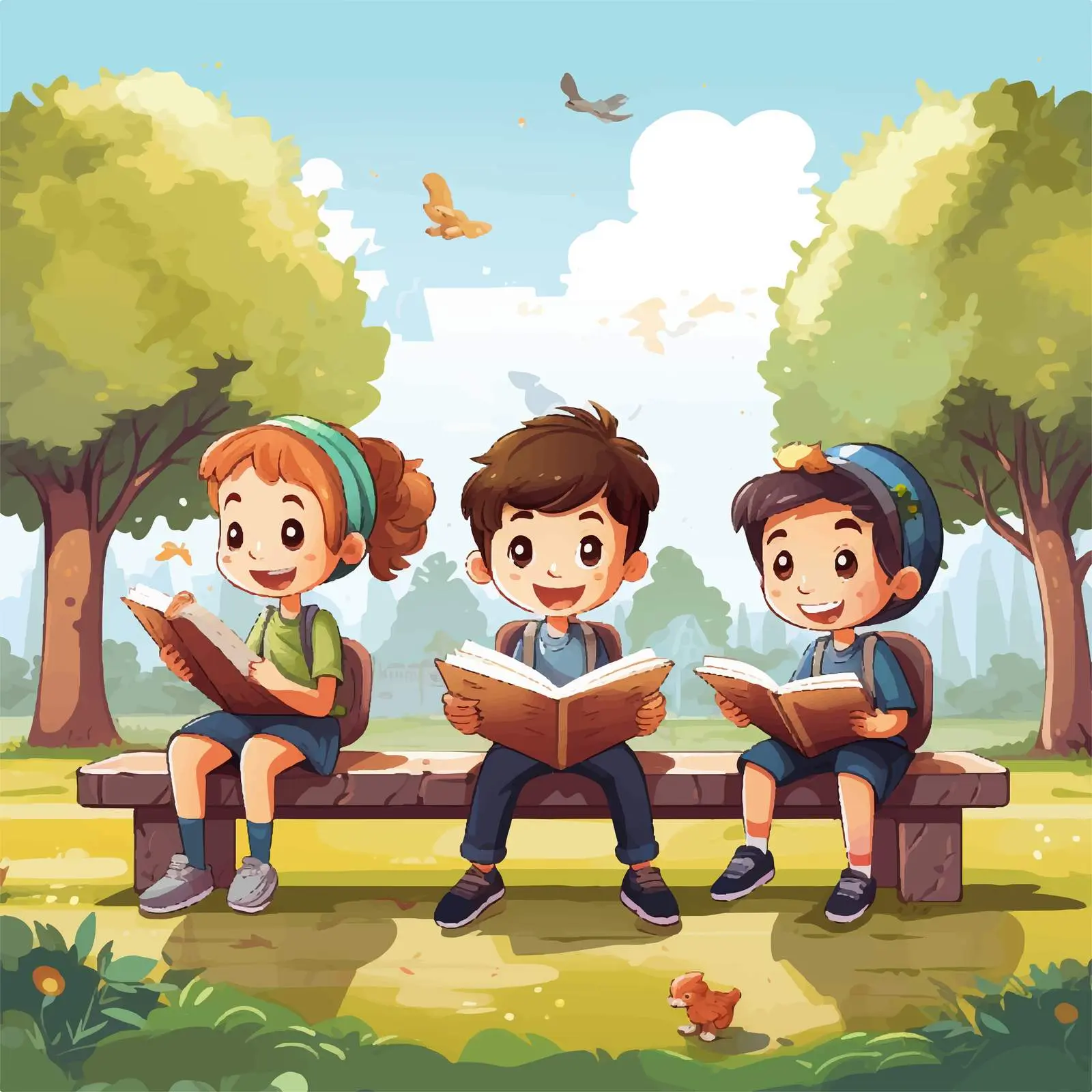 Children Reading Books in the Park Illustration – free escapism image from Dotvec