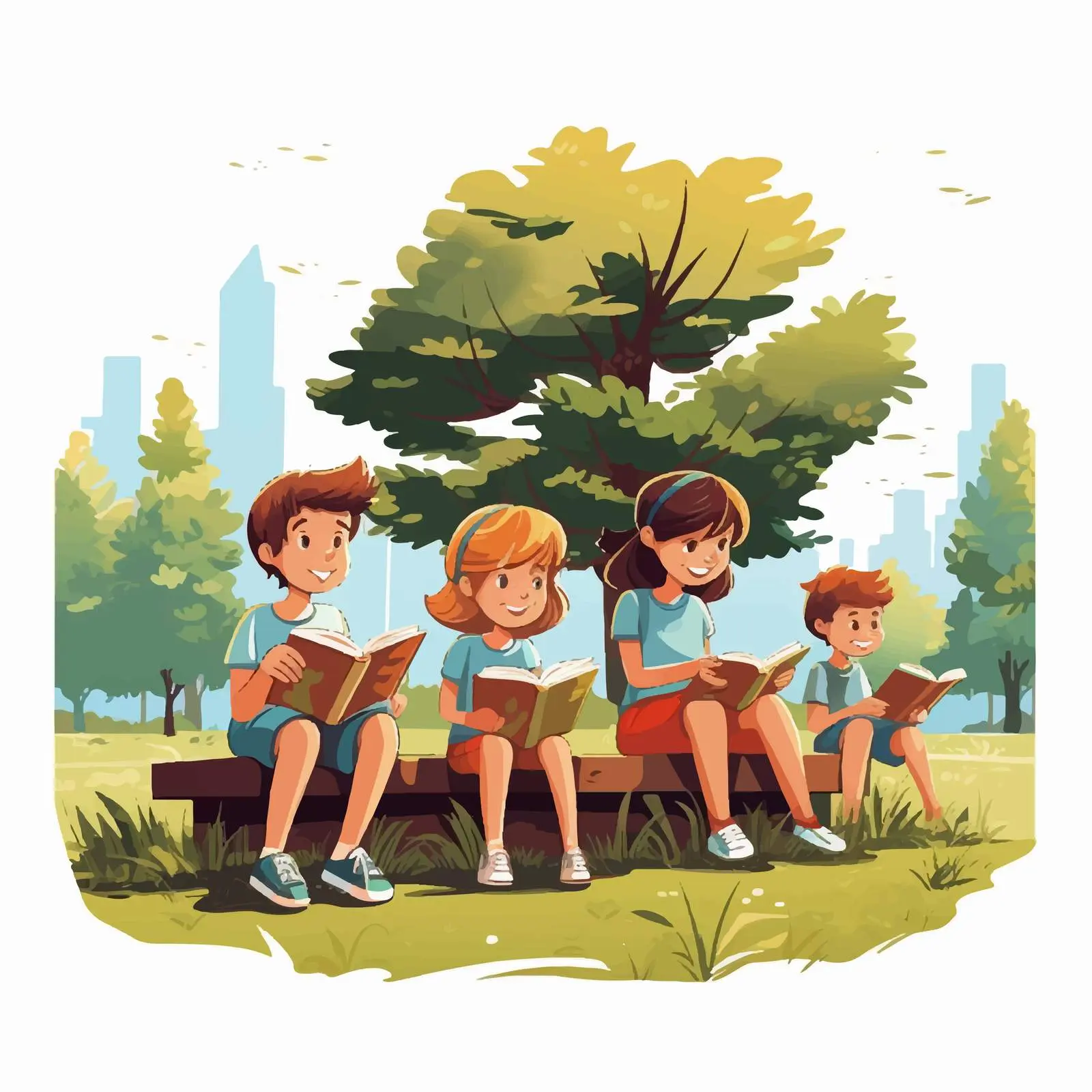 Children Reading Books in the Park Illustration — free download from Dotvec