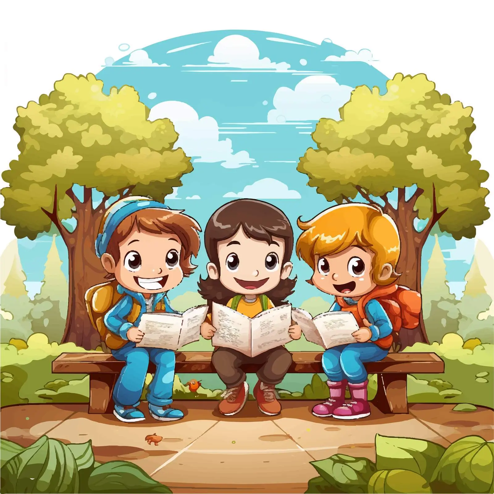 Children Reading Books in the Park Illustration — free download from Dotvec