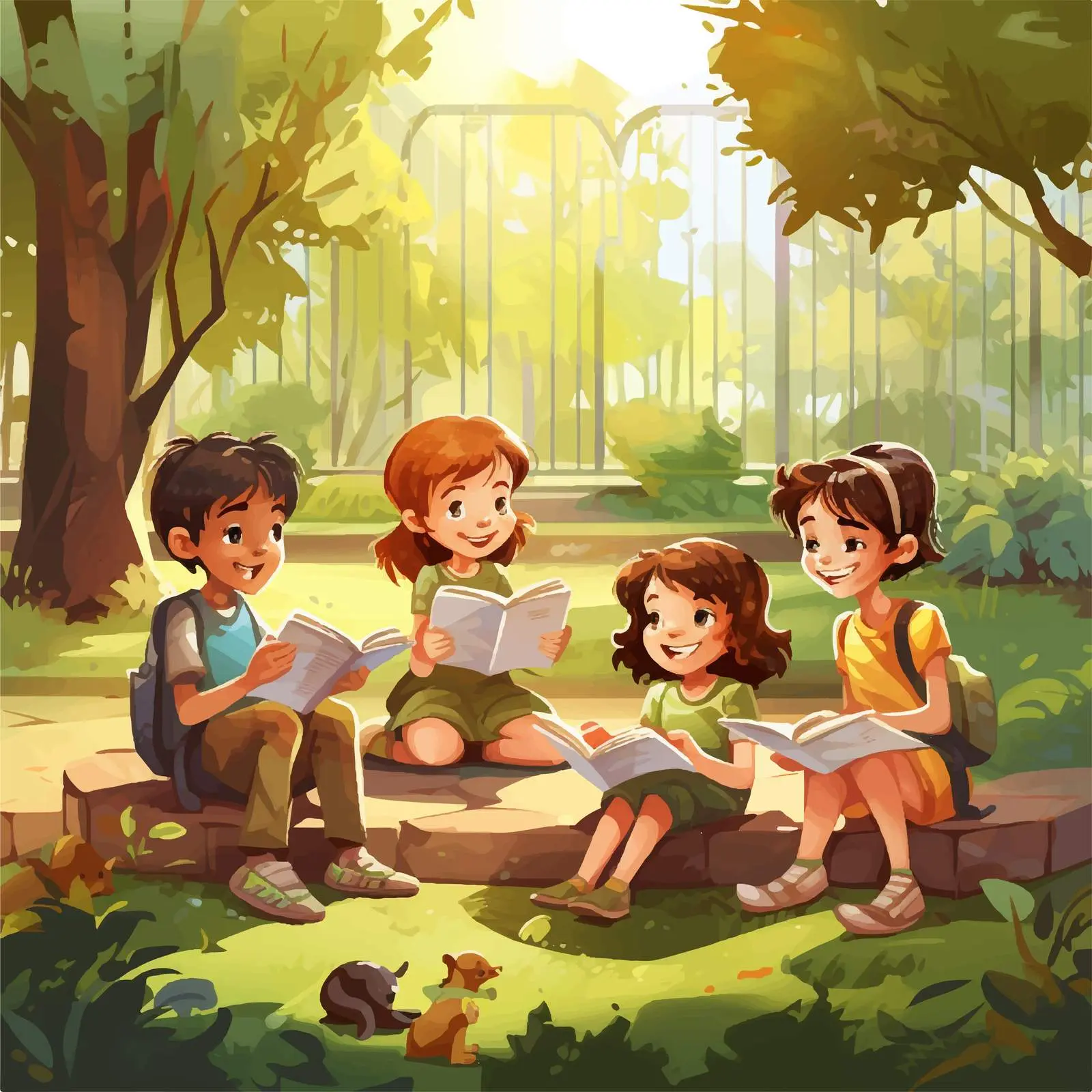 Children Reading Books in the Park Illustration — free download from Dotvec