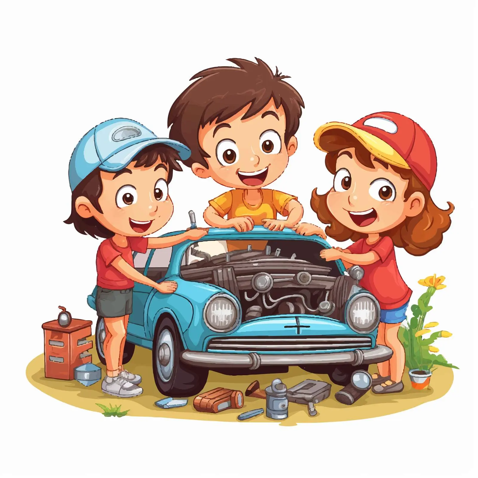Children Repairing Car Together Illustration — free download from Dotvec