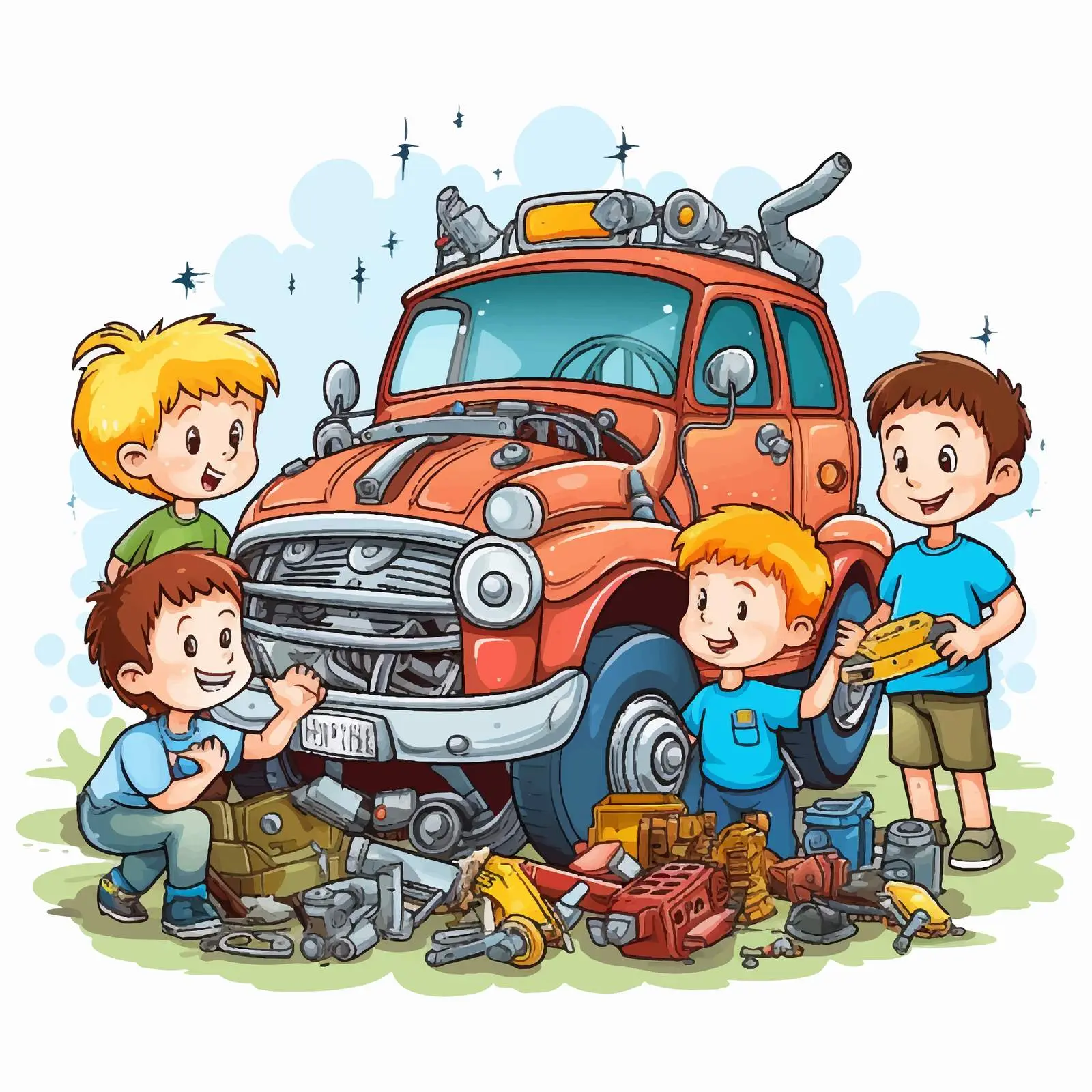 Children Collaborating on Car Repair Illustration — free download from Dotvec