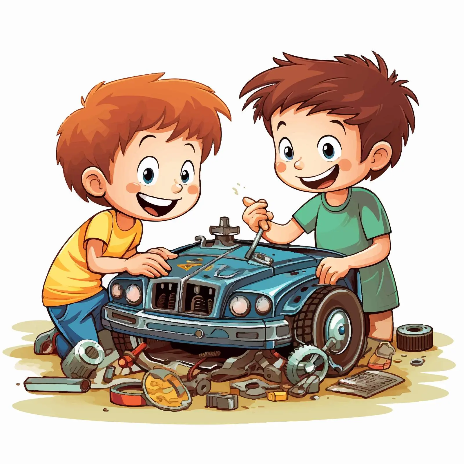 Kids Collaborating on Car Repair Illustration — free download from Dotvec