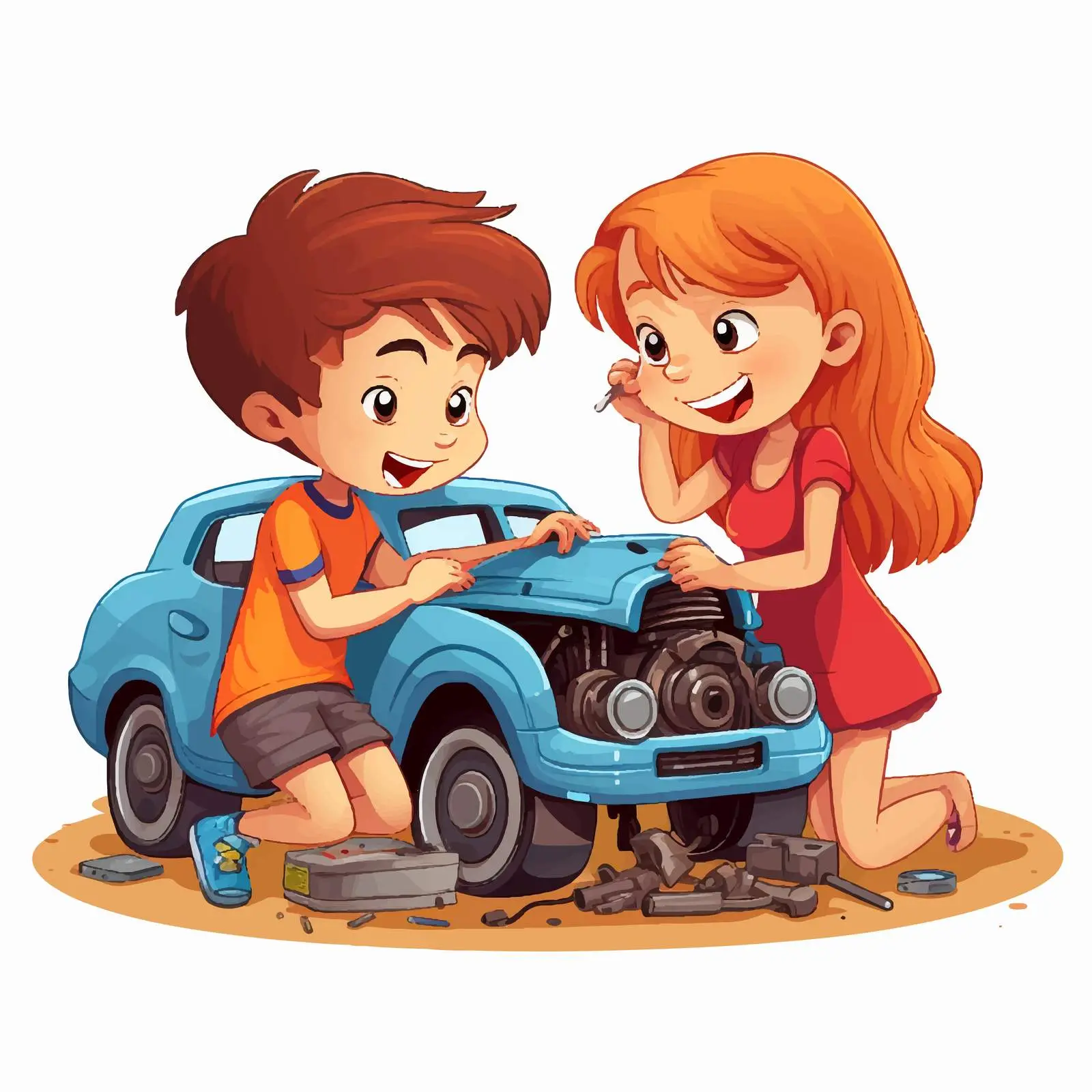 Children Repairing Car Together Illustration — free download from Dotvec