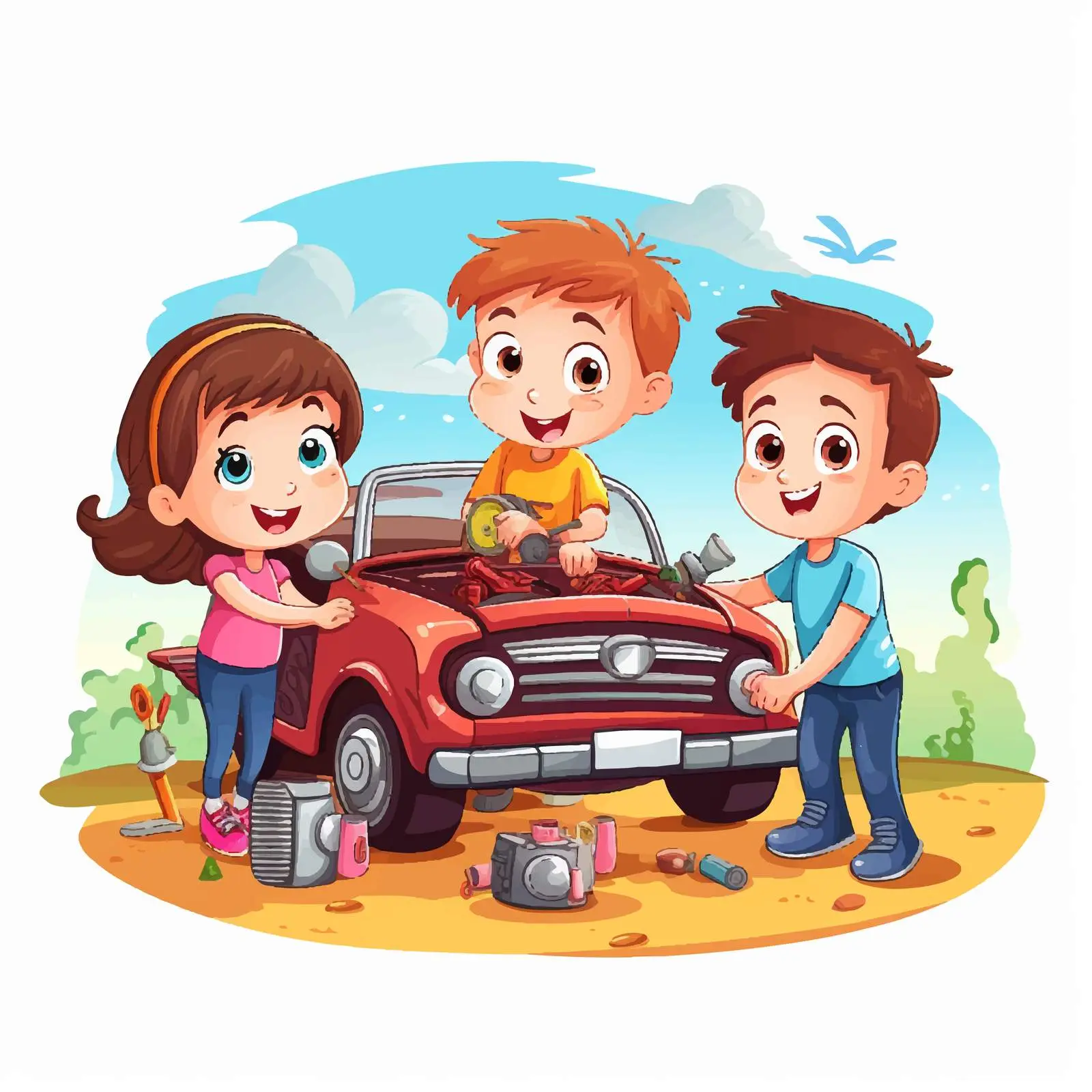 Kids Collaborating on Car Repair Illustration — free download from Dotvec