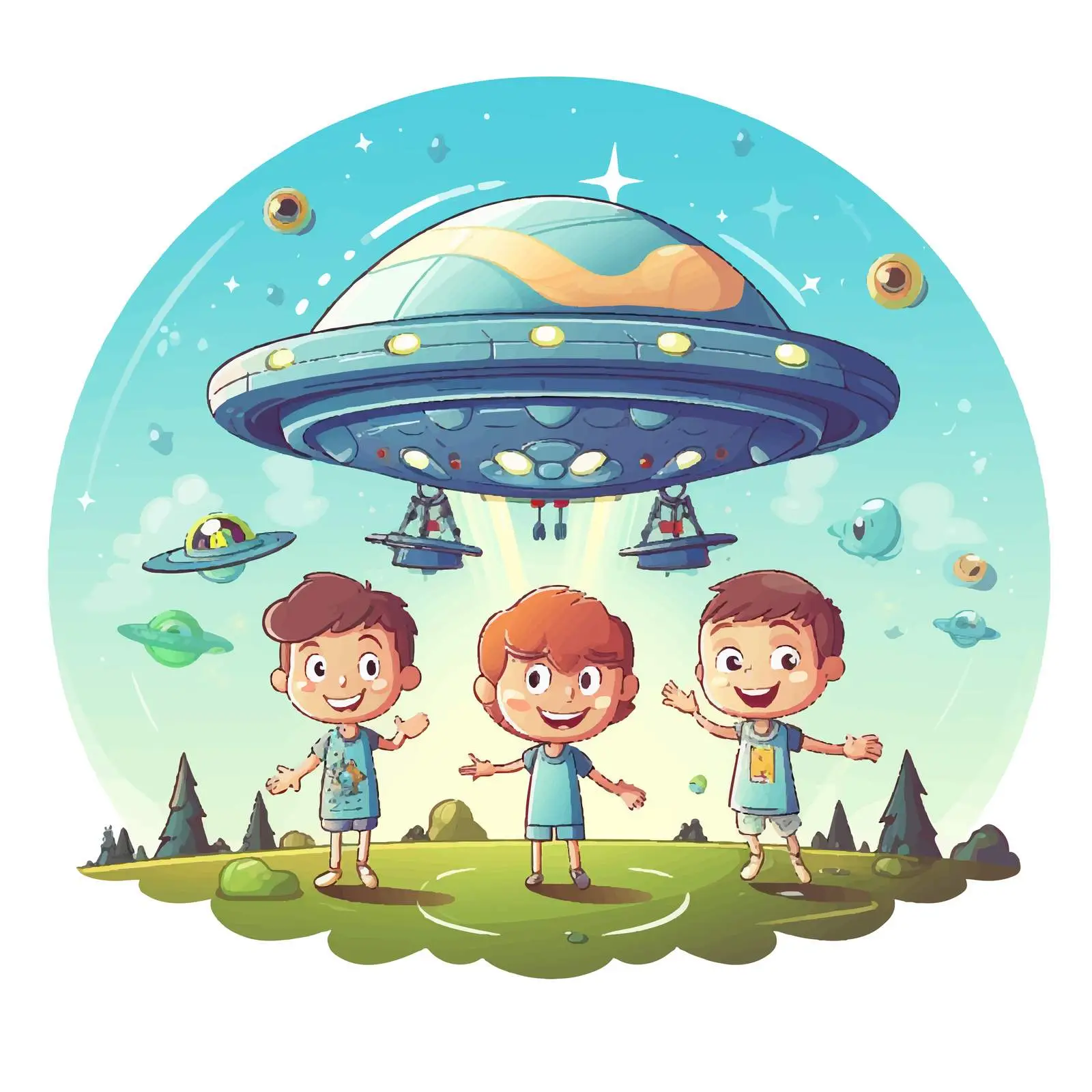 Children Repairing UFO Together Illustration — free download from Dotvec