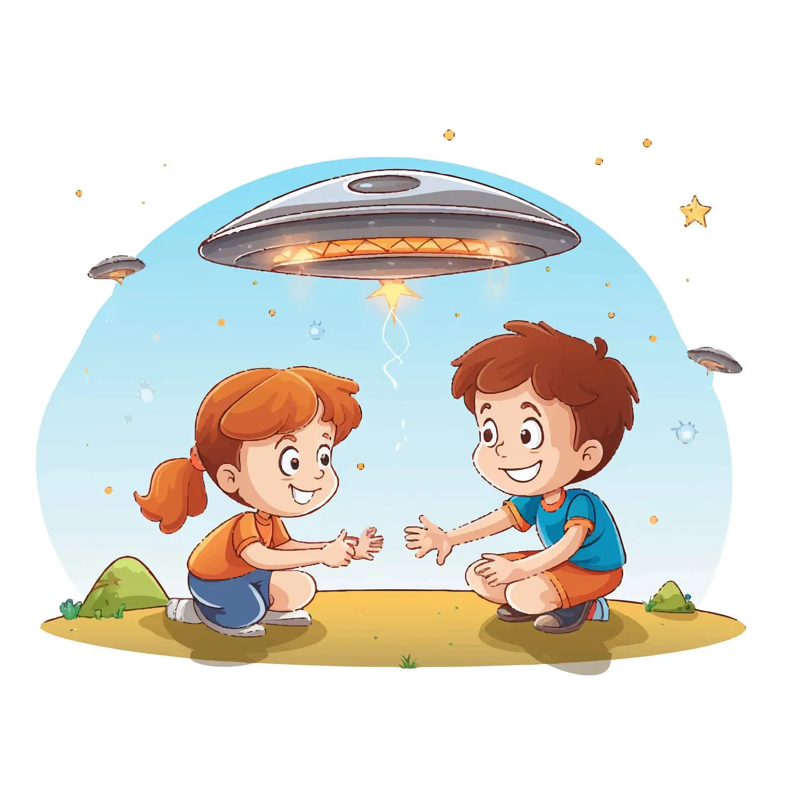 Children Fixing UFO Illustration on White Background — free download from Dotvec