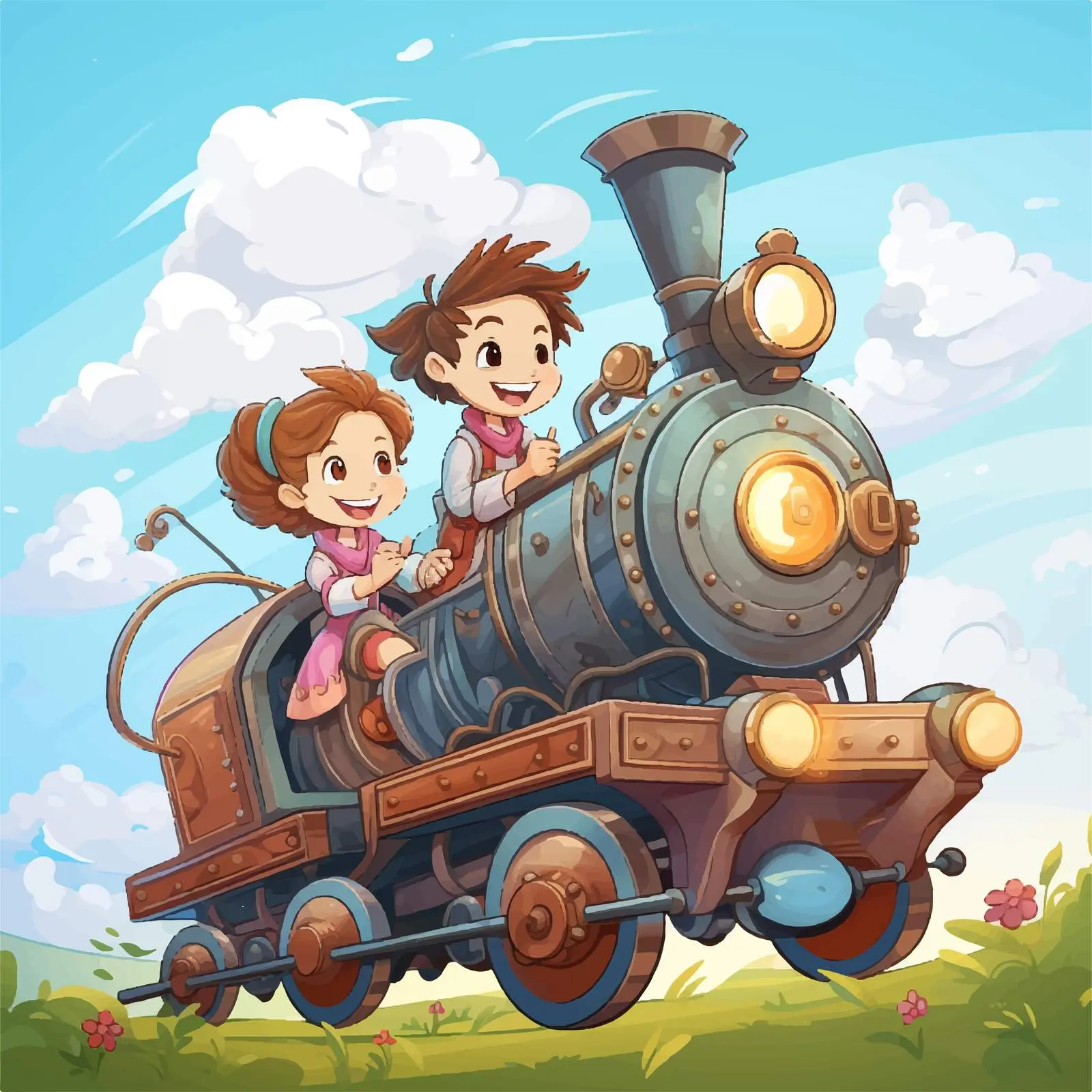 Children Enjoying a Train Ride Illustration – free wagon image from Dotvec