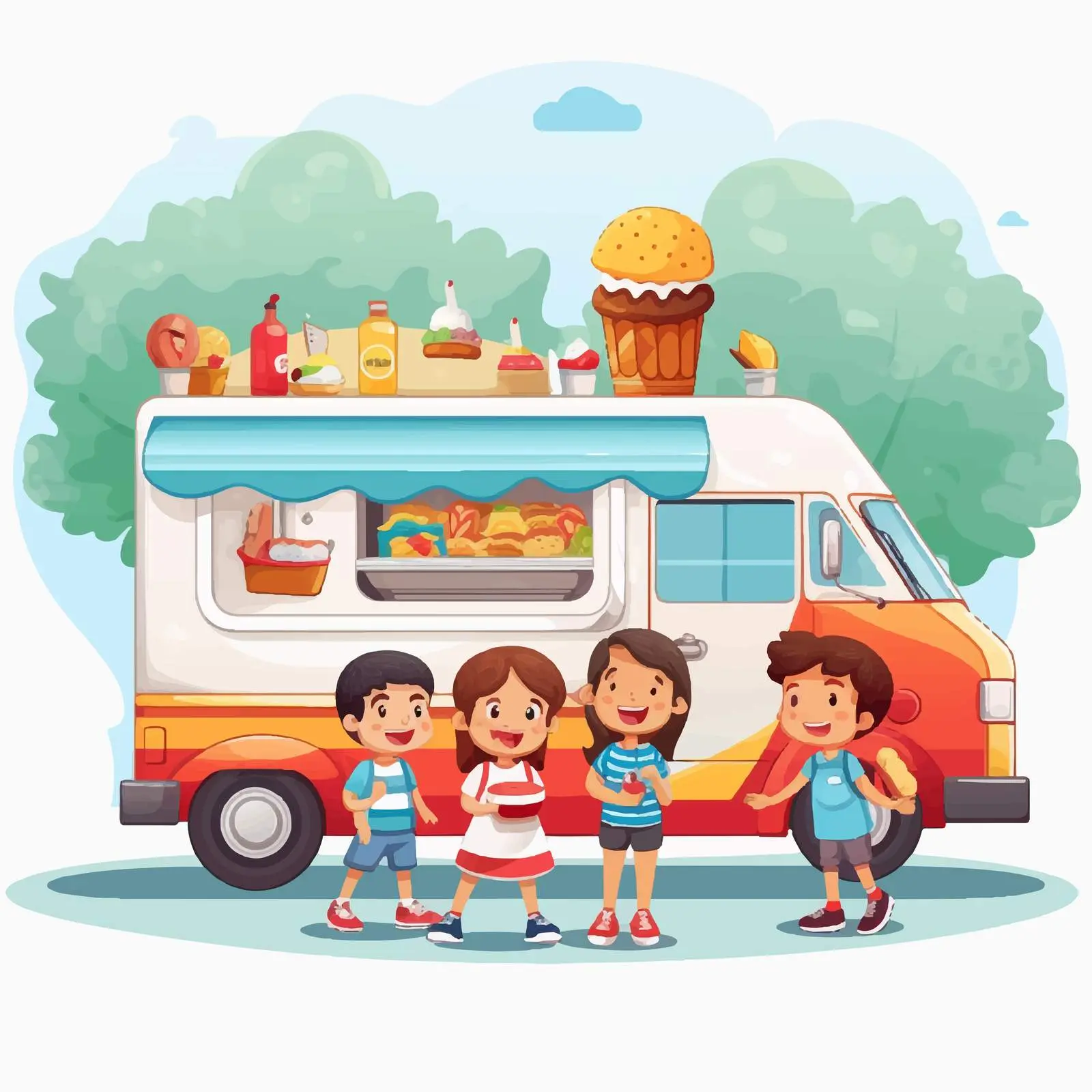 Children Walking with Food Near Food Truck — free download from Dotvec