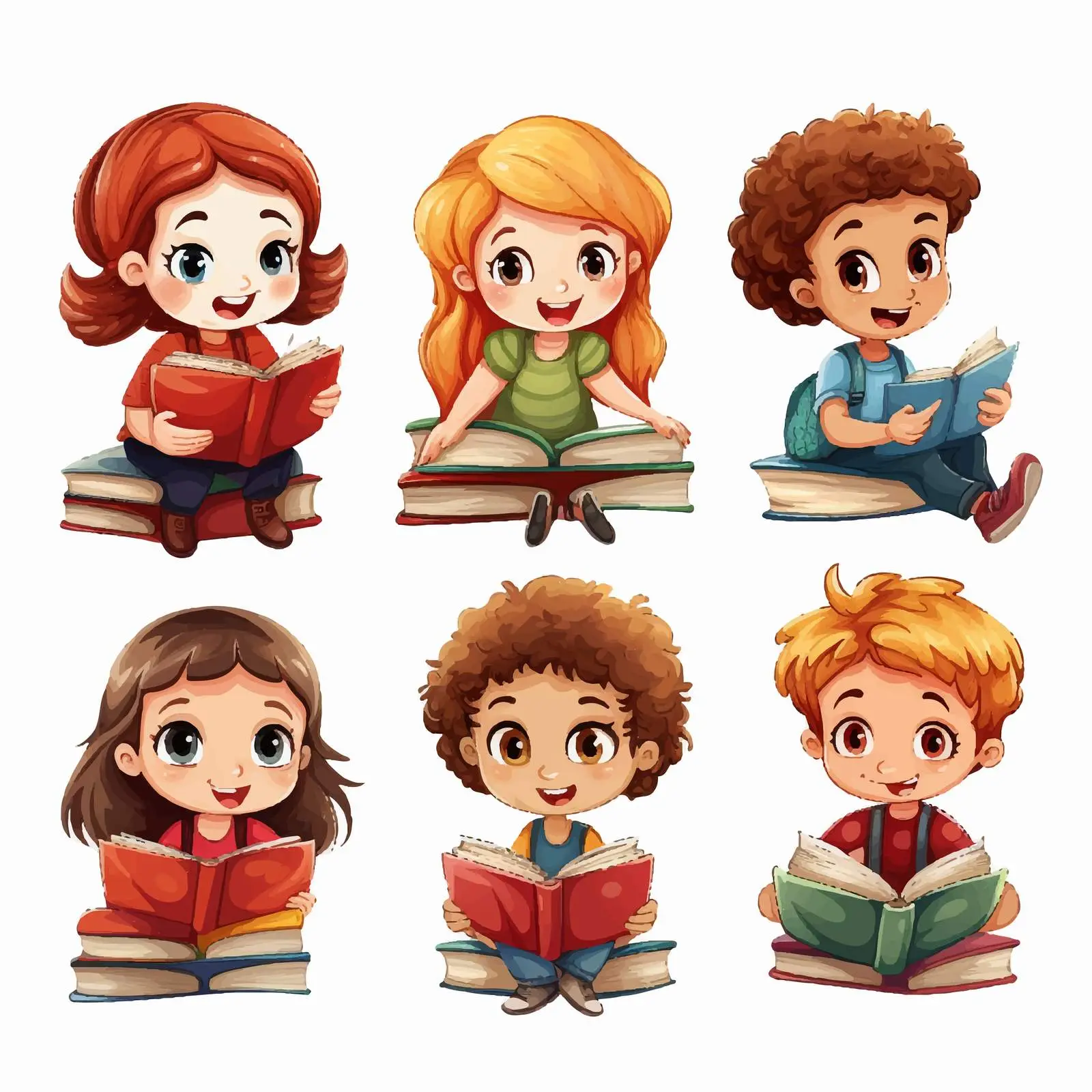 Children Reading Books on White Background Illustration — free download from Dotvec