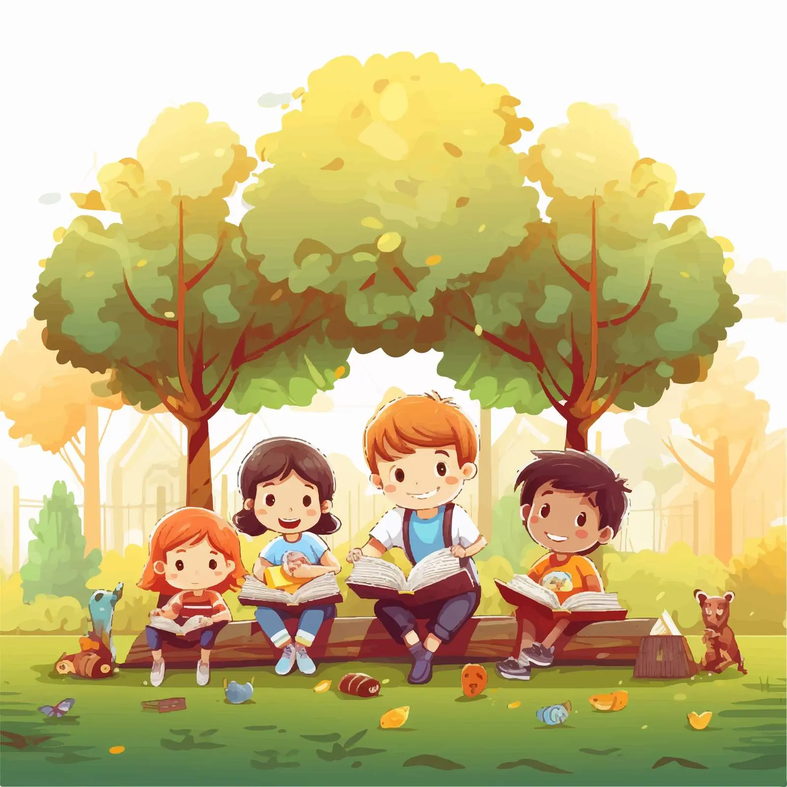 Children Reading and Working in the Park Illustration — free download from Dotvec
