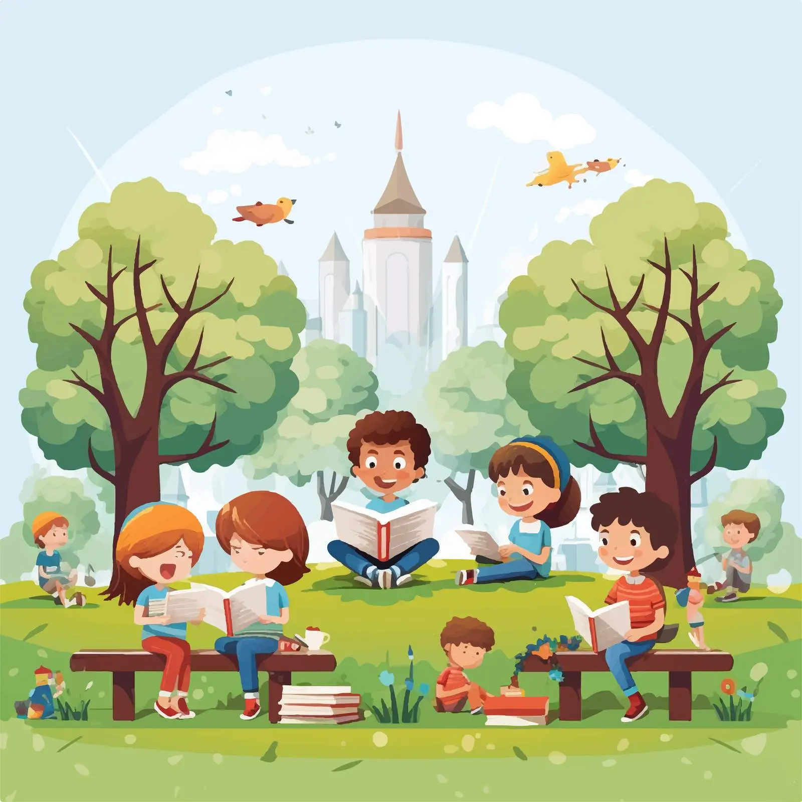 Children Reading and Working in the Park — free download from Dotvec