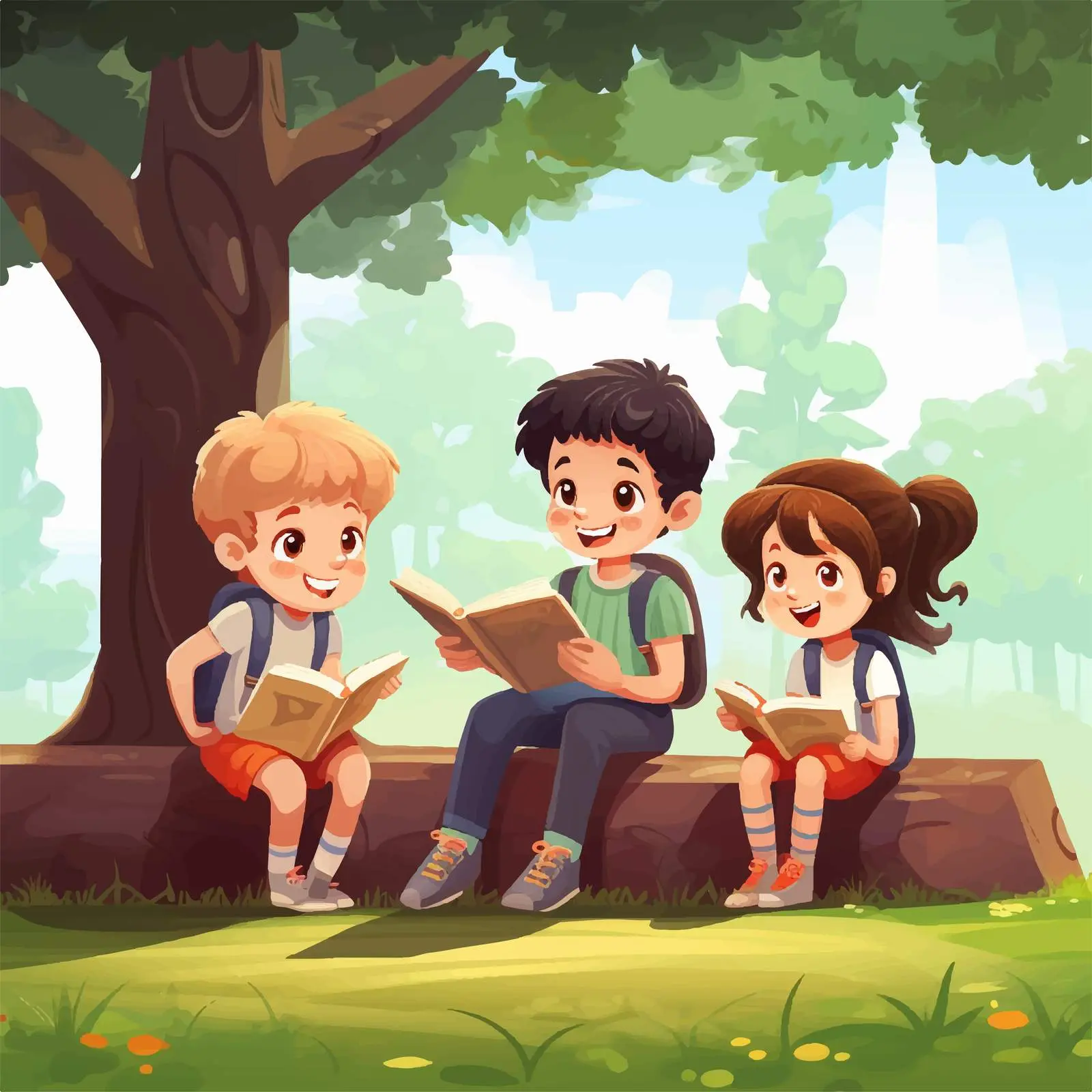 Children Reading and Working in Park Illustration — free download from Dotvec