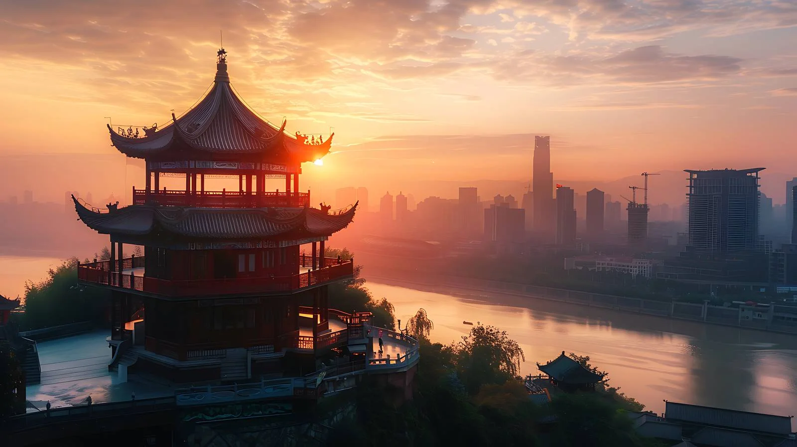 Serene Sunset View of Chongqing Hon Pavilion — free download from Dotvec