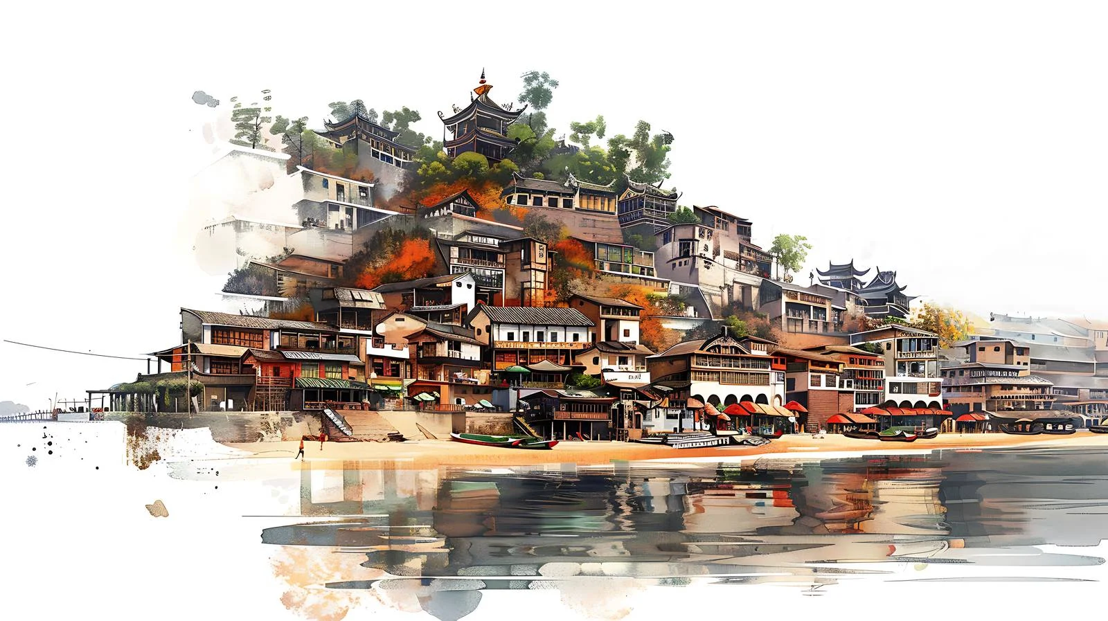 Tranquil Ocean Town Scenery Isolated on White — free download from Dotvec