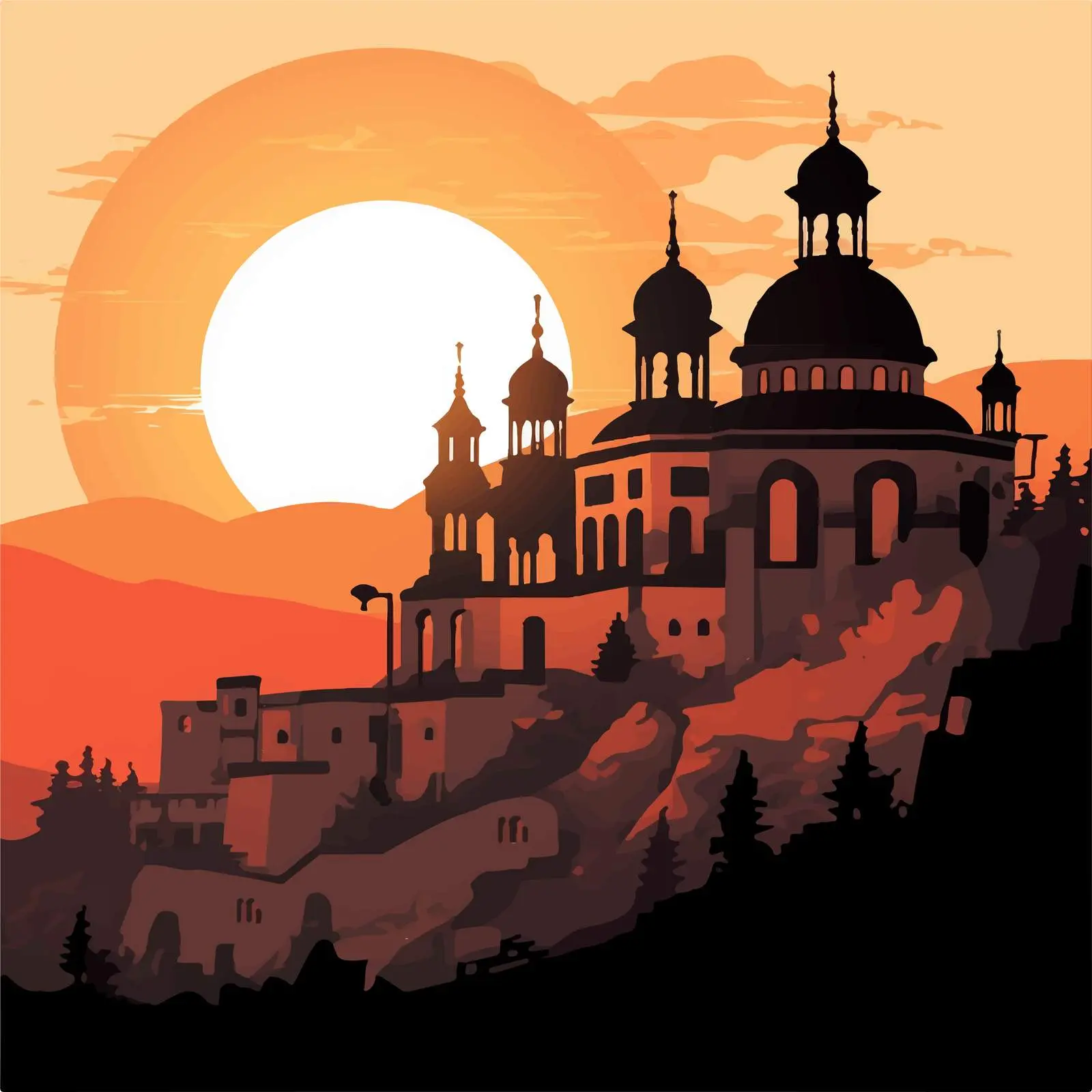 Byzantine Sunset Monastery Silhouettes – free dramatic image from Dotvec
