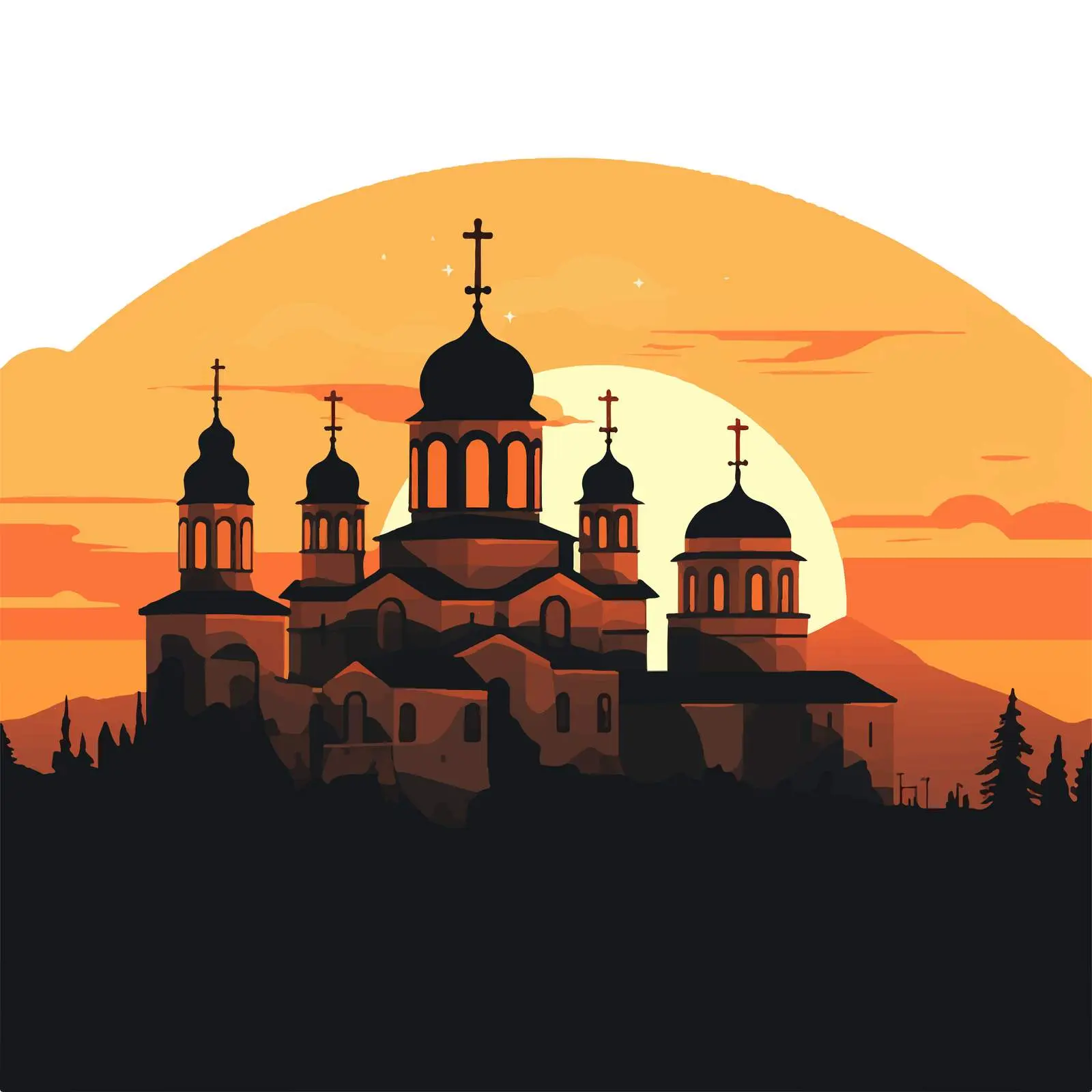 Byzantine Style Monastery Silhouettes at Sunset — free download from Dotvec