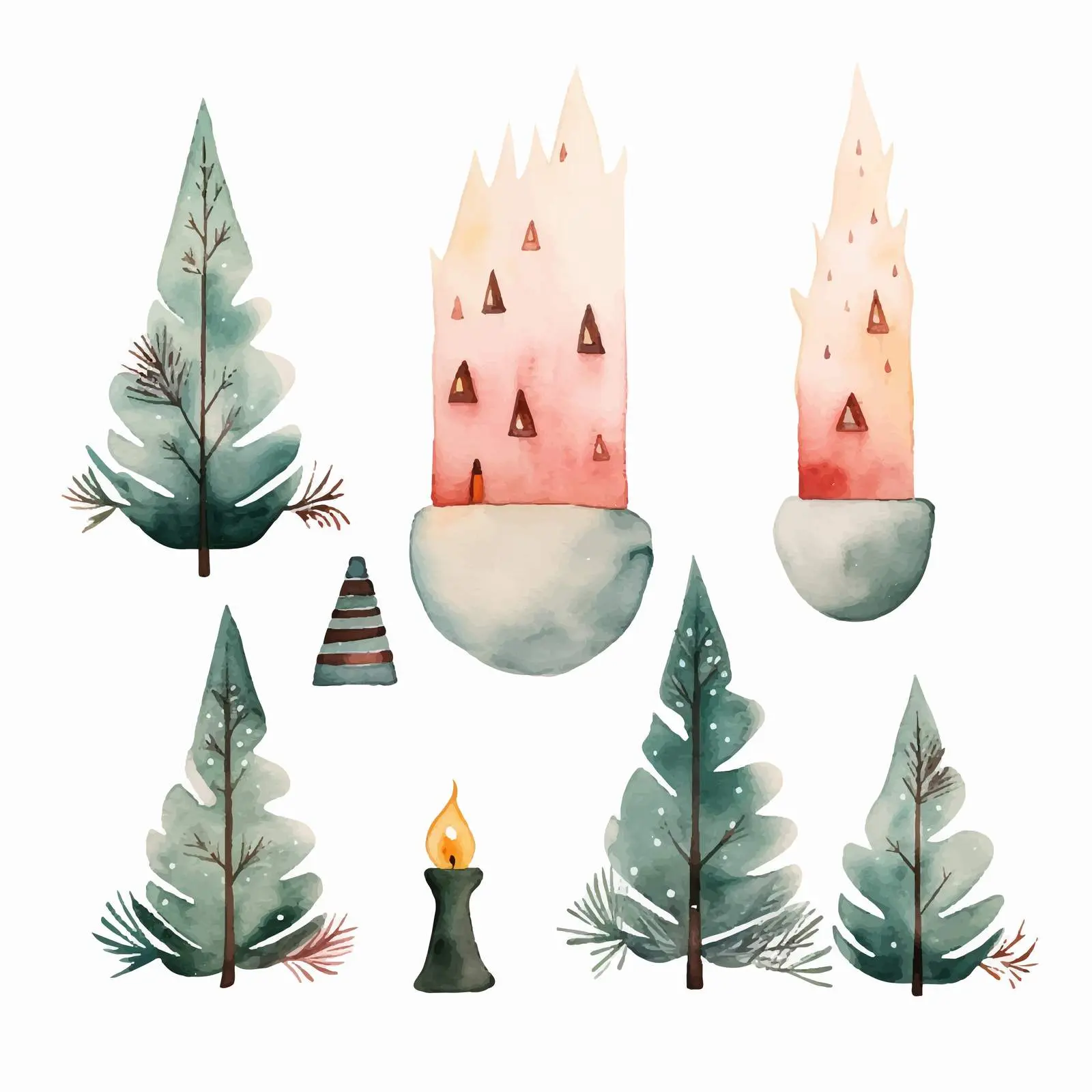Watercolor Christmas Decor with Trees and Candles — free download from Dotvec