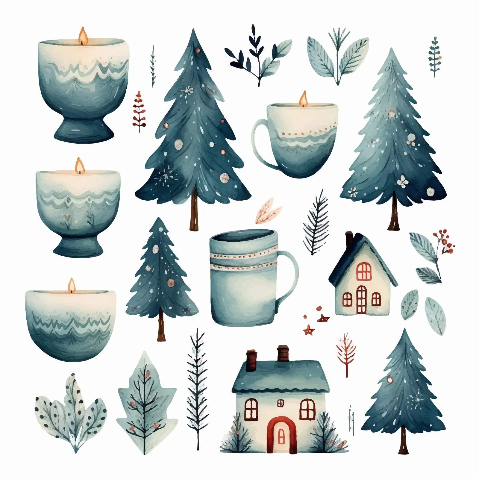 Christmas Watercolor Decor with Trees and Candles — free download from Dotvec