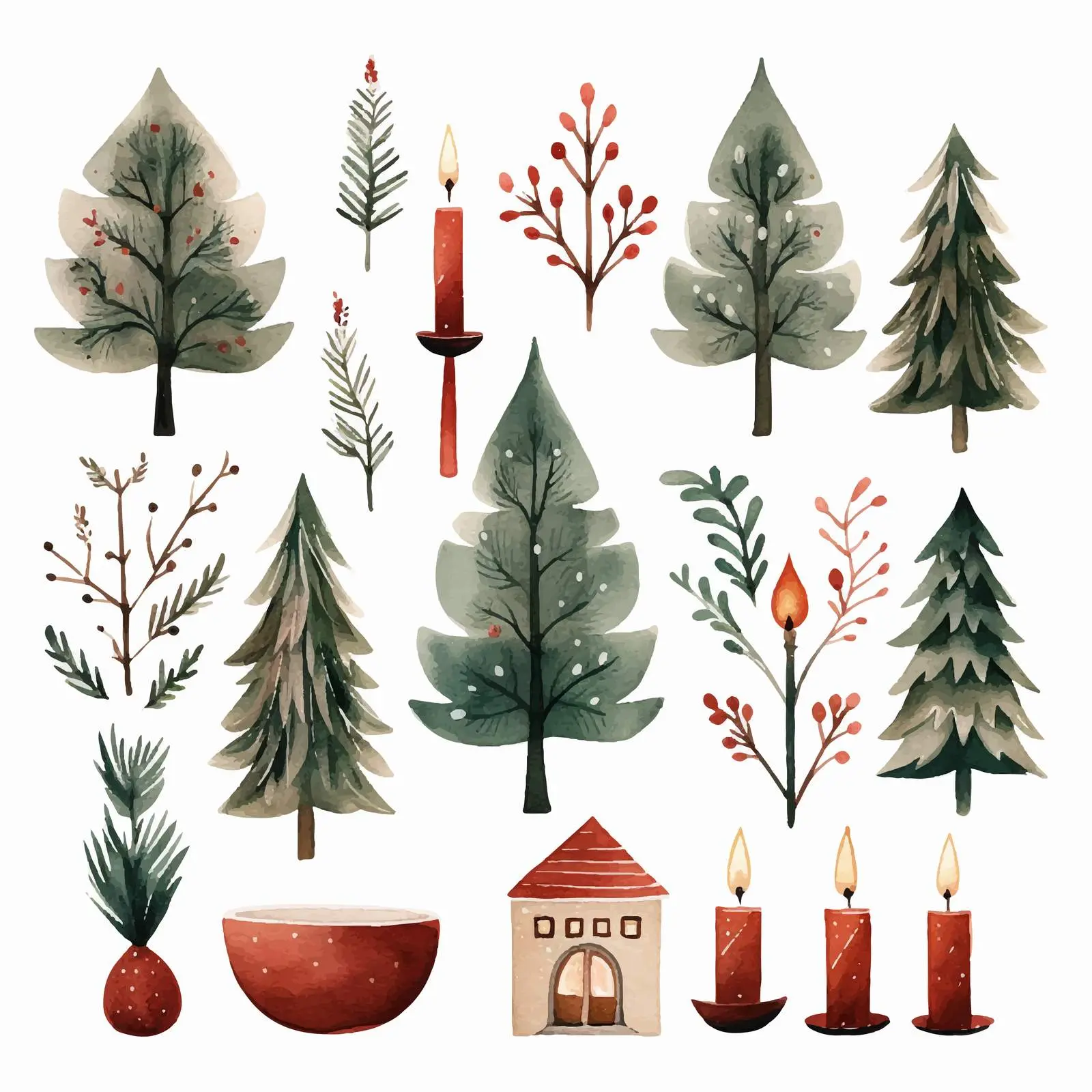 Watercolor Christmas Decor with Trees and Candles — free download from Dotvec