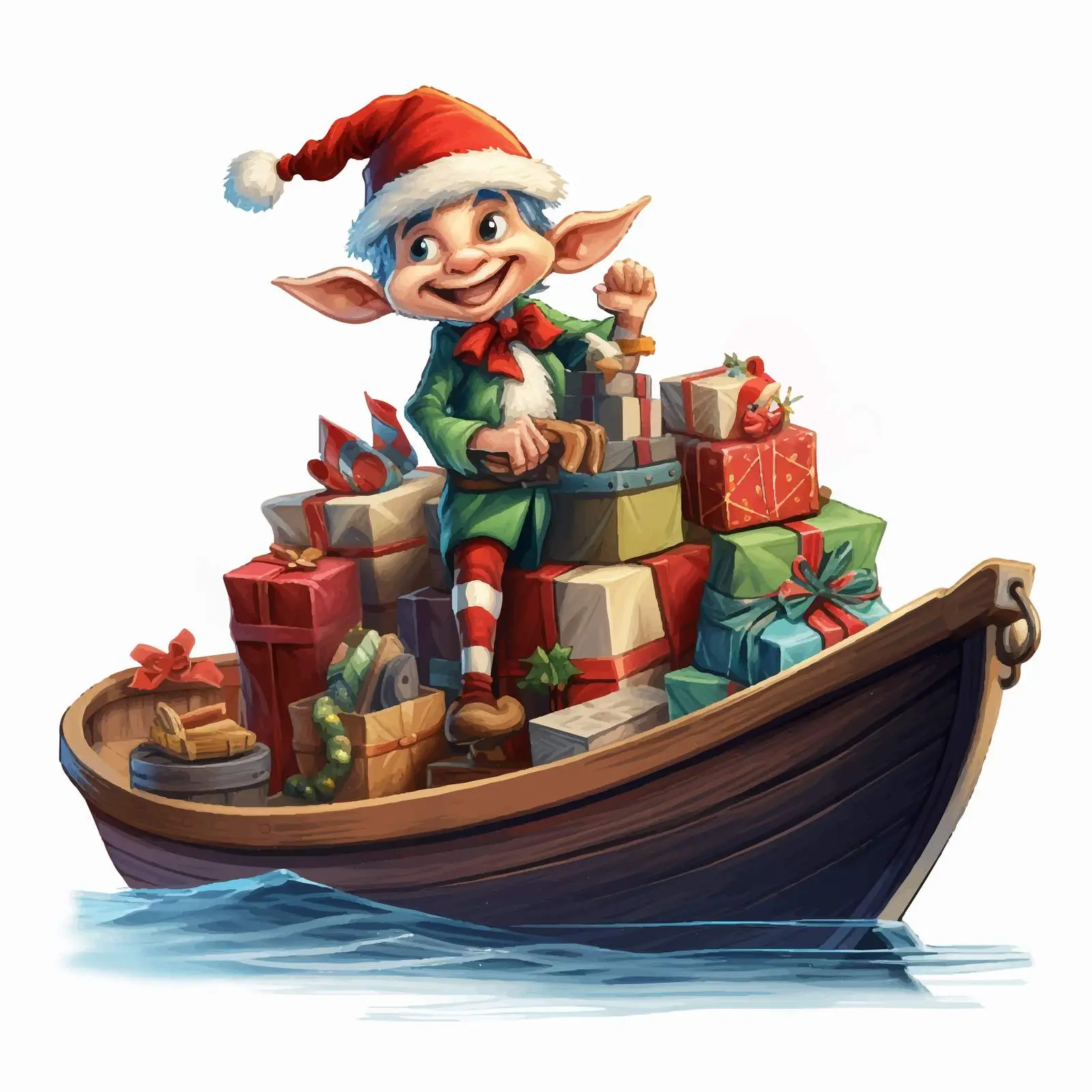 Christmas Elf on Boat with Gifts Illustration — free download from Dotvec