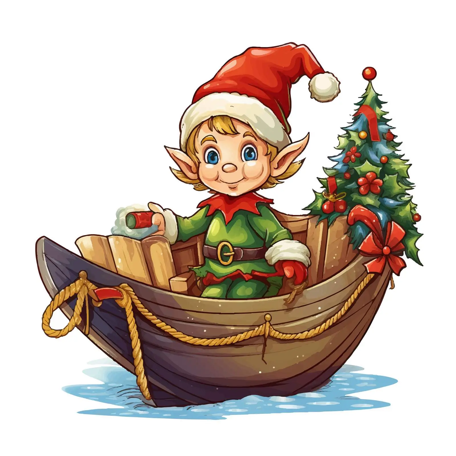 Christmas Elf on Boat with Gifts Illustration — free download from Dotvec