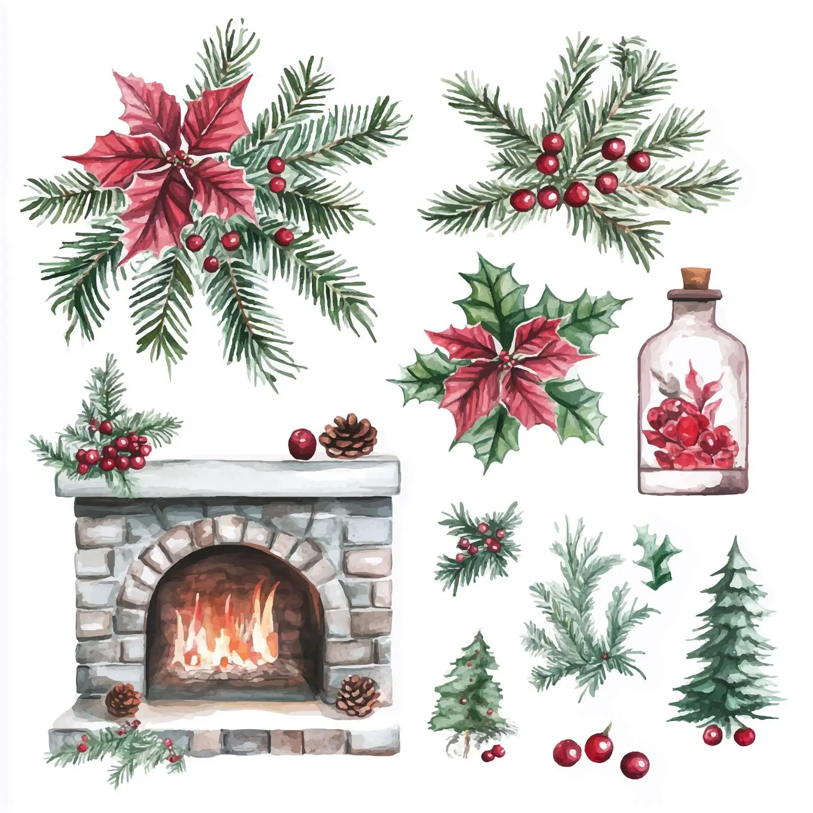 Christmas Fireplace Decor with Pine and Poinsettia — free download from Dotvec