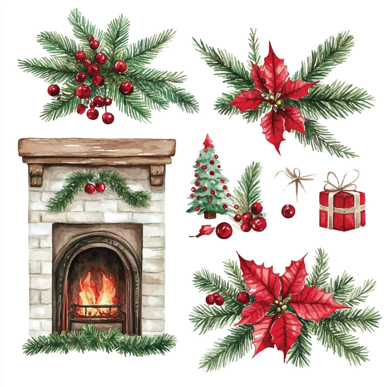 Christmas Fireplace with Pine and Poinsettia Decor — free download from Dotvec