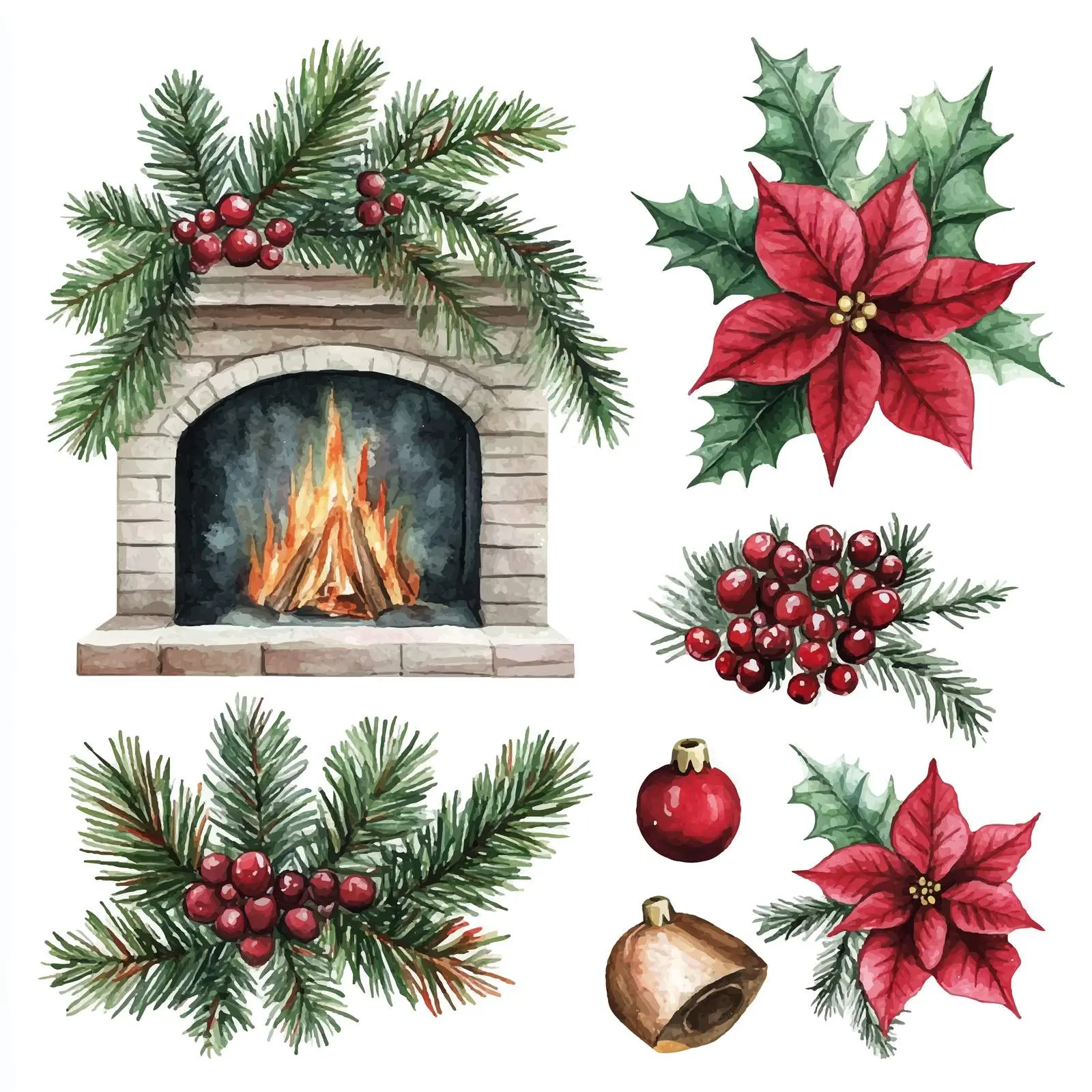 Christmas Fireplace with Pine and Poinsettia Decor — free download from Dotvec